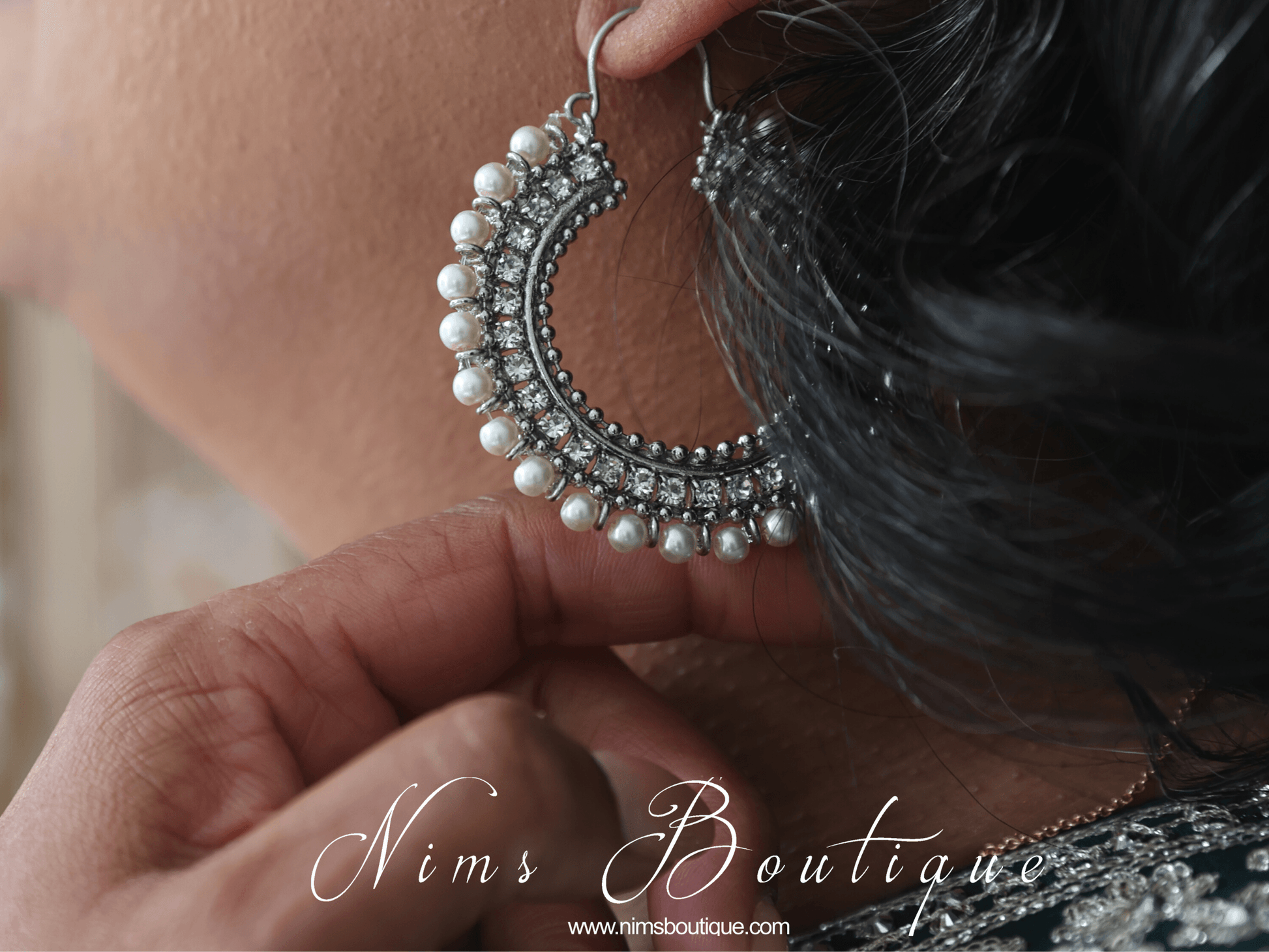 Nims Boutique Royal Silver Chand Bali Earrings with Pearl