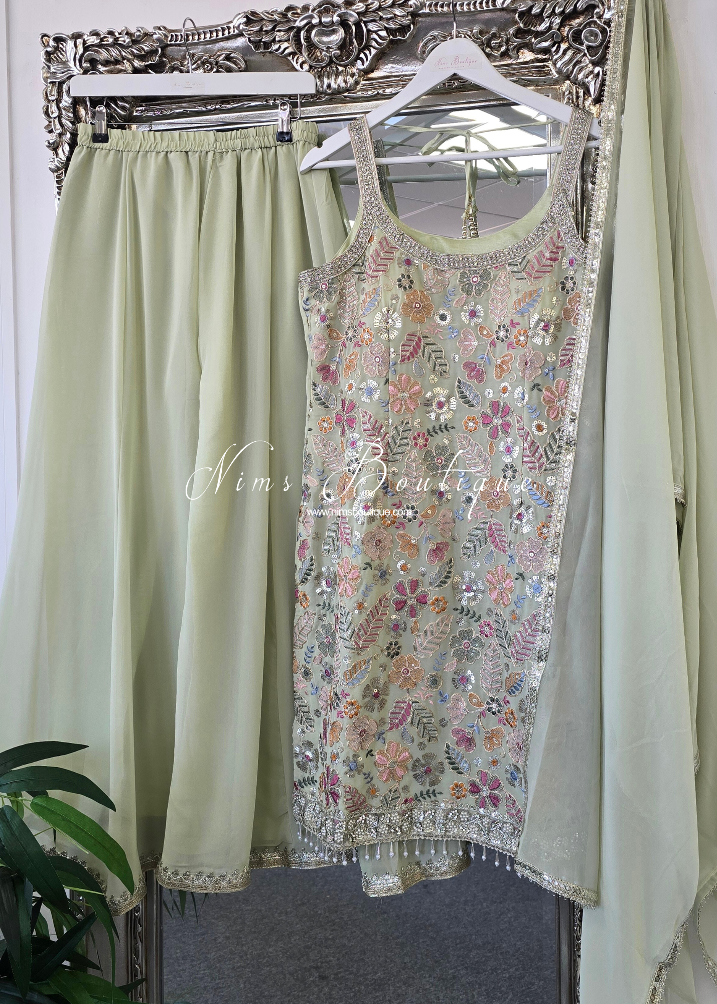 Mint & Pastels Strap Embroidered Sharara Suit (size 12-14)