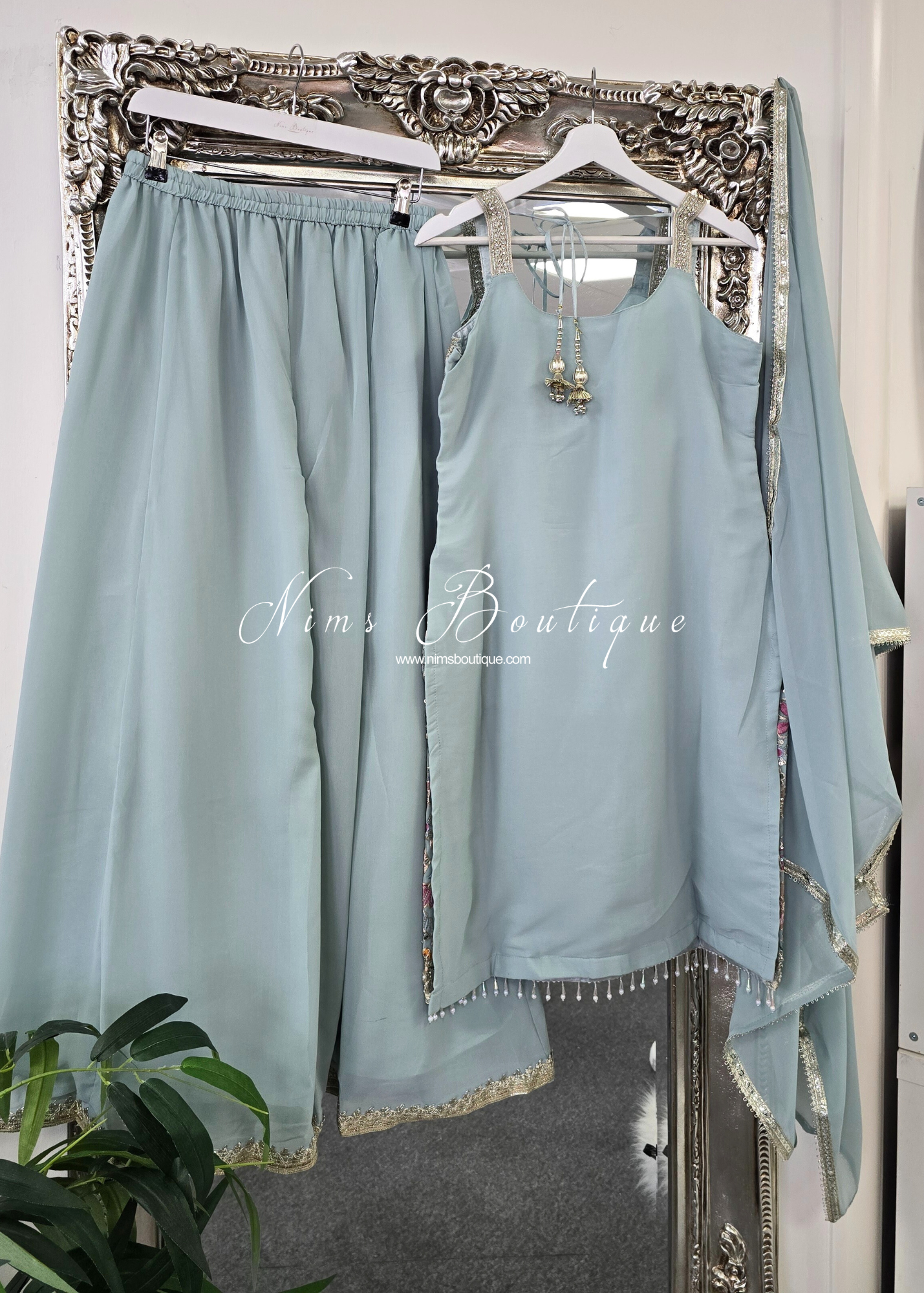 Duck Egg & Pastels Strap Embroidered Sharara Suit (size 12-14)