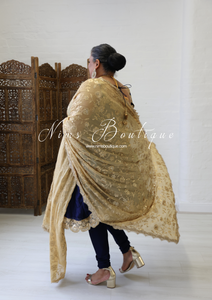 Pure Silk Navy & Gold Anarkali Pajami Suit Sleeveless (Sizes 18-22)