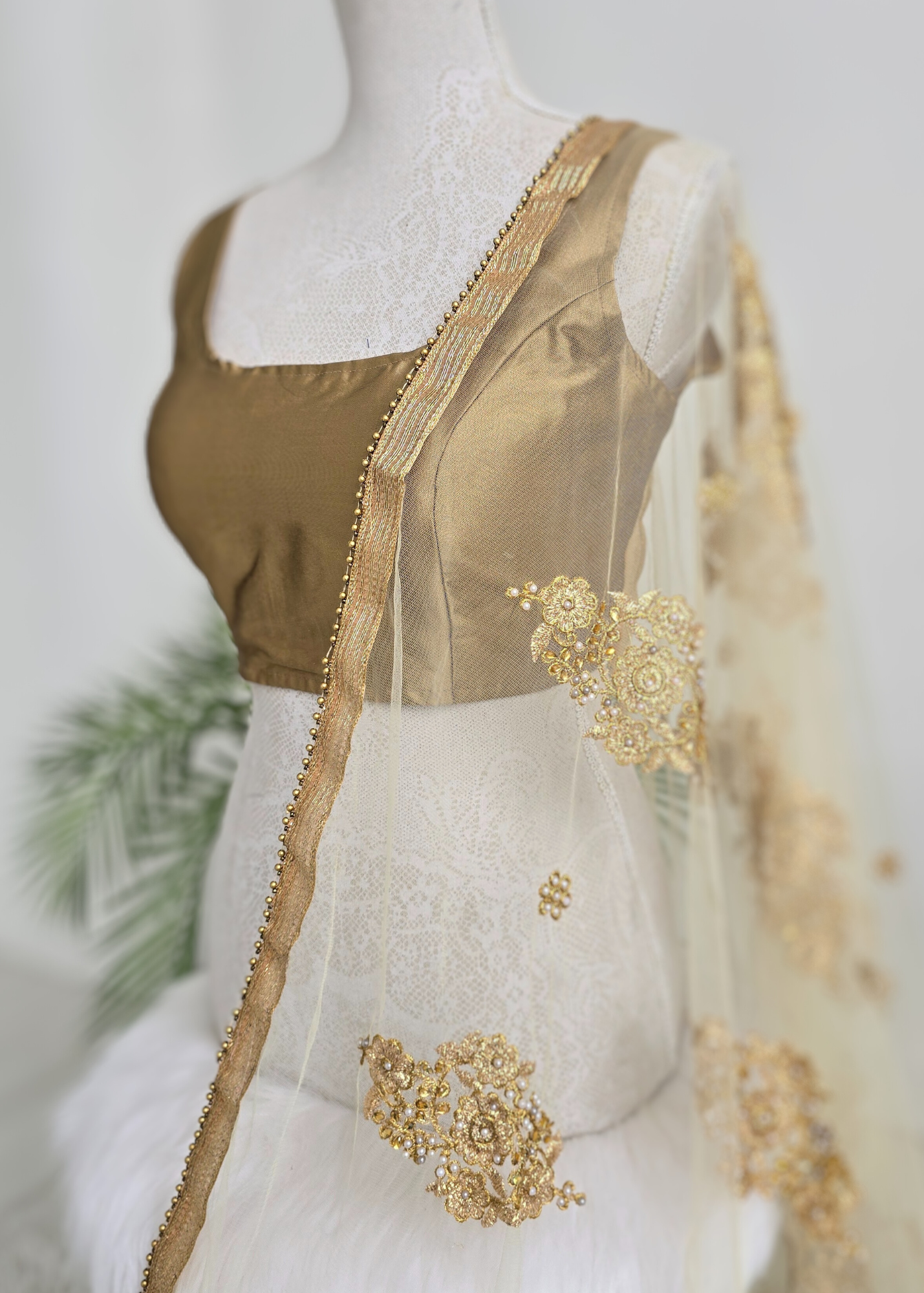 Gold Net Pearl Embellished Dupatta/Chunni