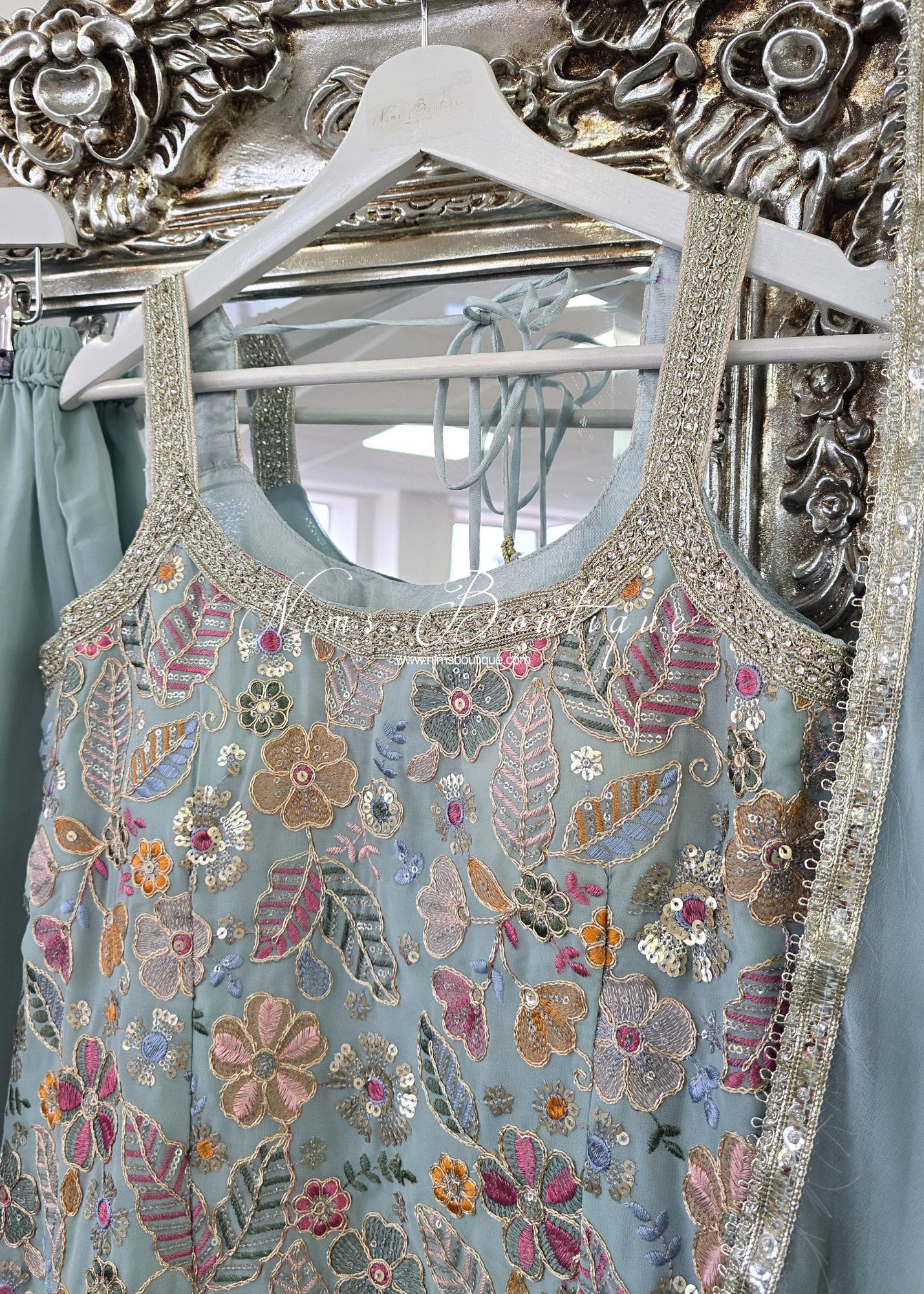 Duck Egg & Pastels Strap Embroidered Sharara Suit (size 12-14)