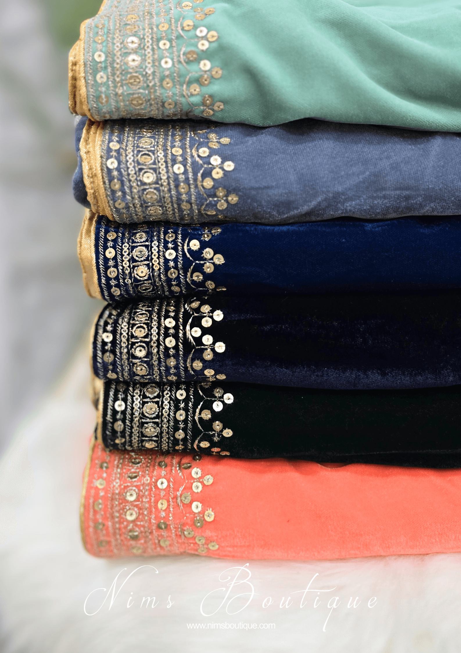 Nims Boutique Luxury Dark Green Velvet Embroidered Shawl