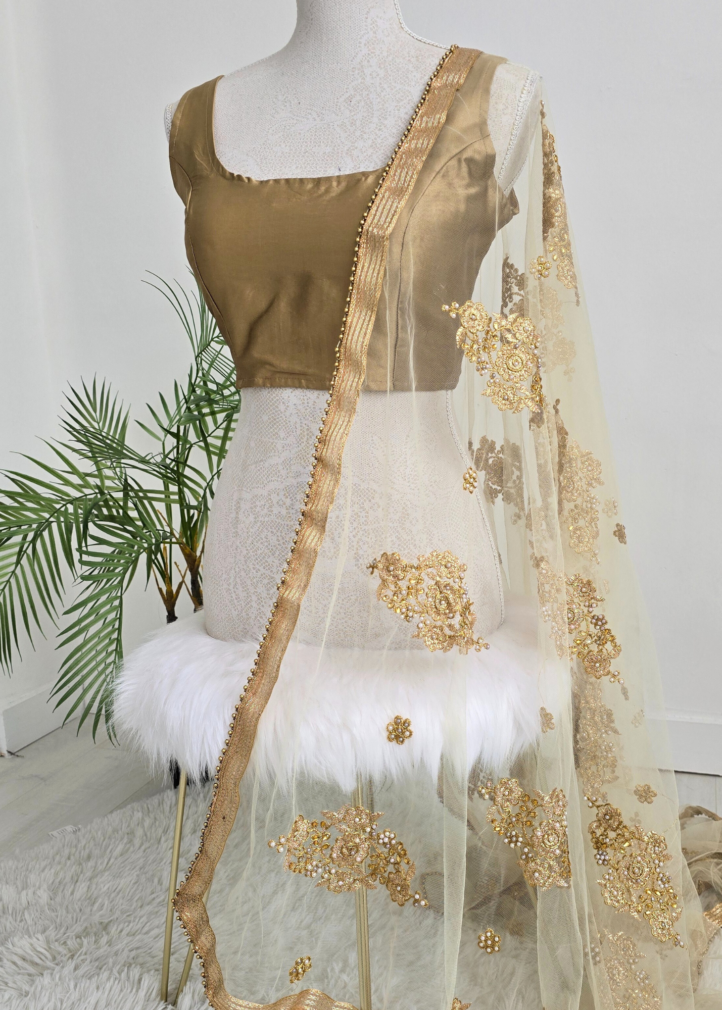 Gold Net Pearl Embellished Dupatta/Chunni