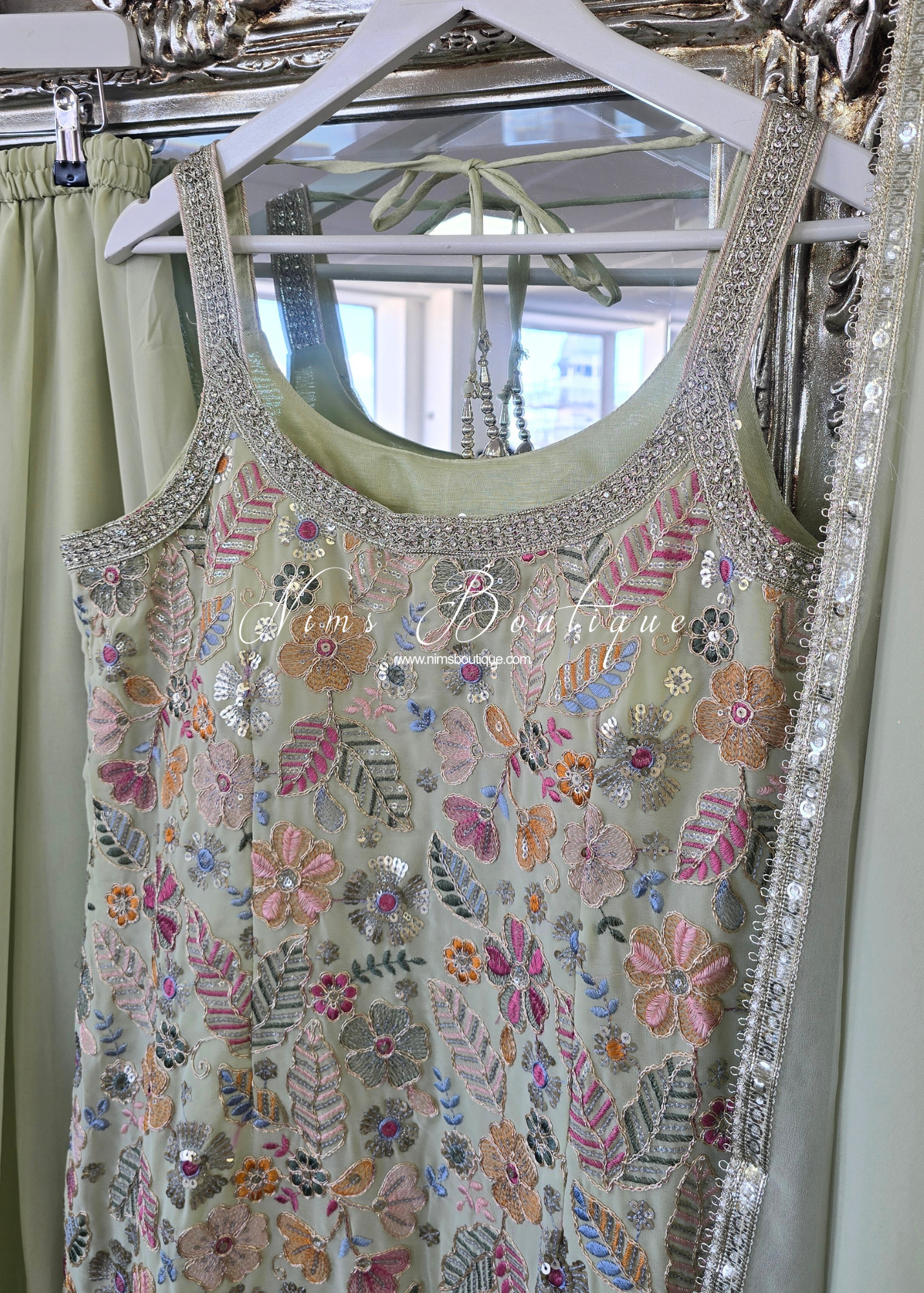 Mint & Pastels Strap Embroidered Sharara Suit (size 12-14)