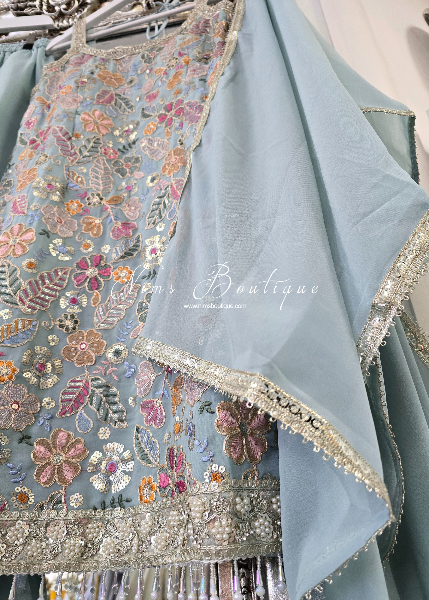 Duck Egg & Pastels Strap Embroidered Sharara Suit (size 12-14)