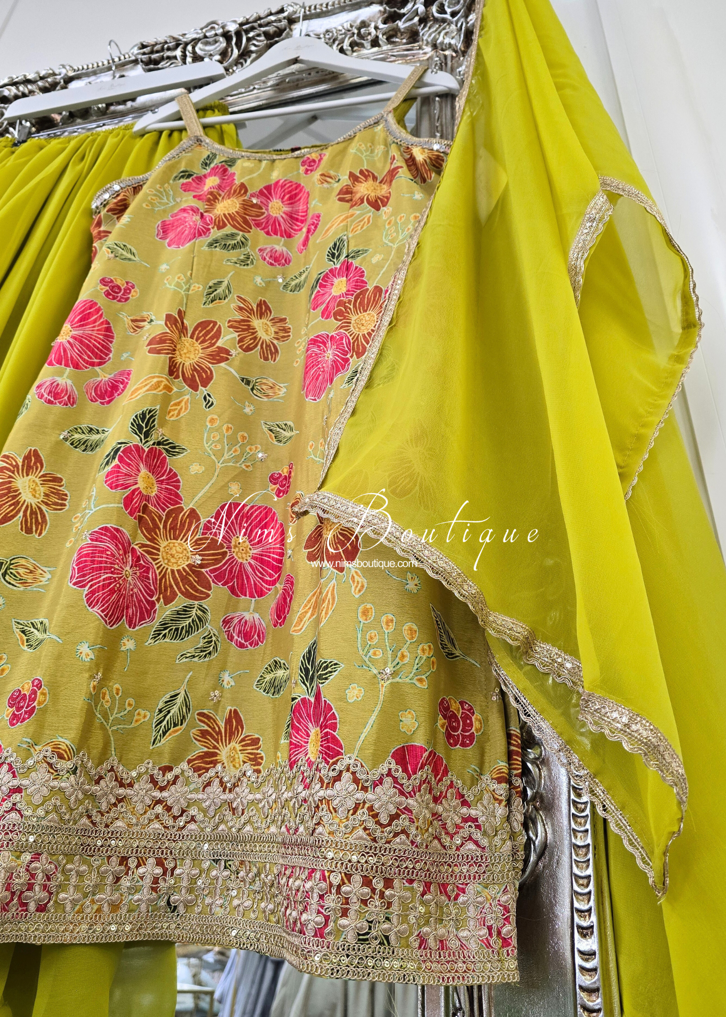 Lime Floral Strap Embroidered Sharara Suit (size 16-18)