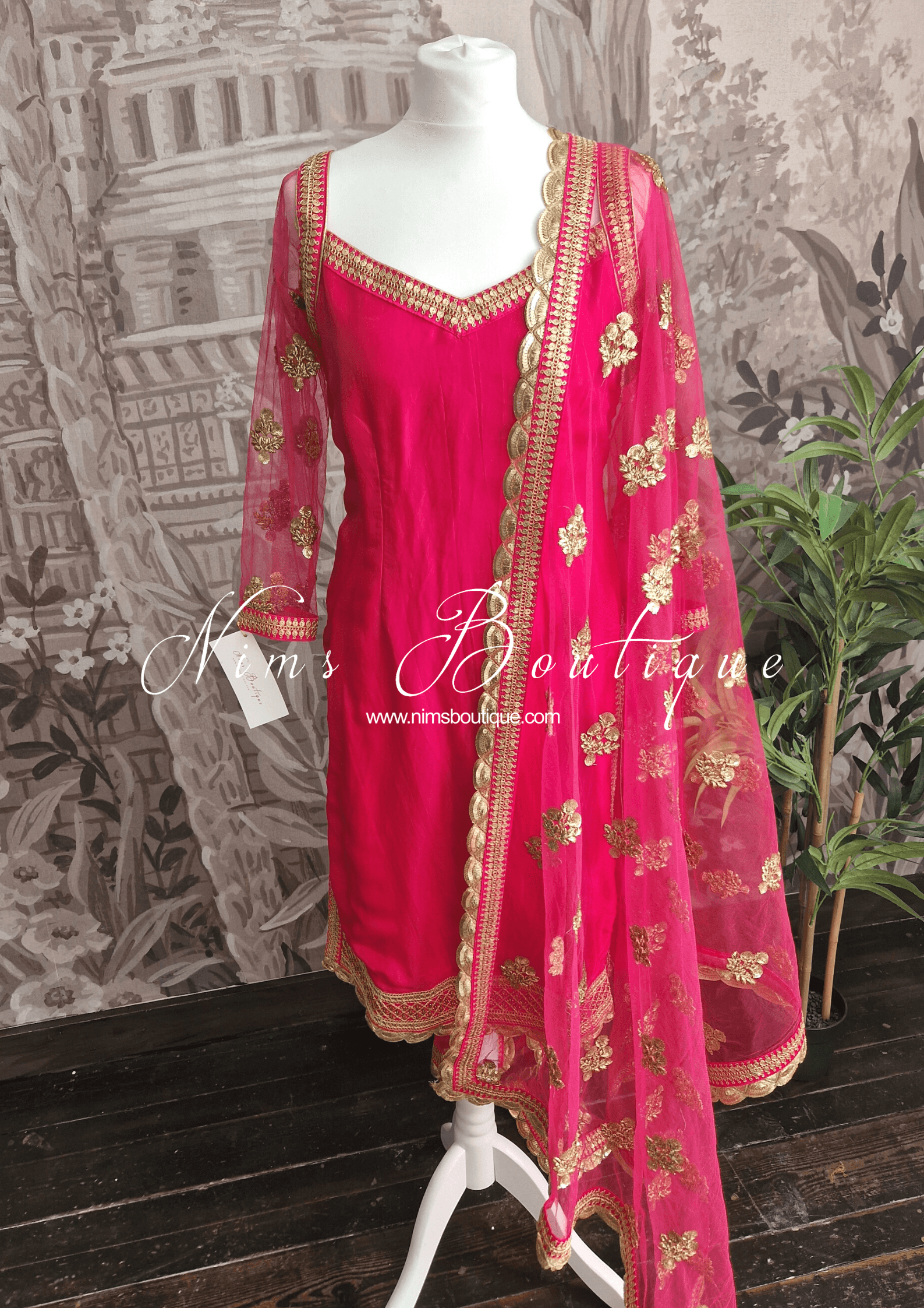 Nims Boutique The NB Classic Long Sleeved Hot Pink Silk Pajami Suit sizes 12 to 22