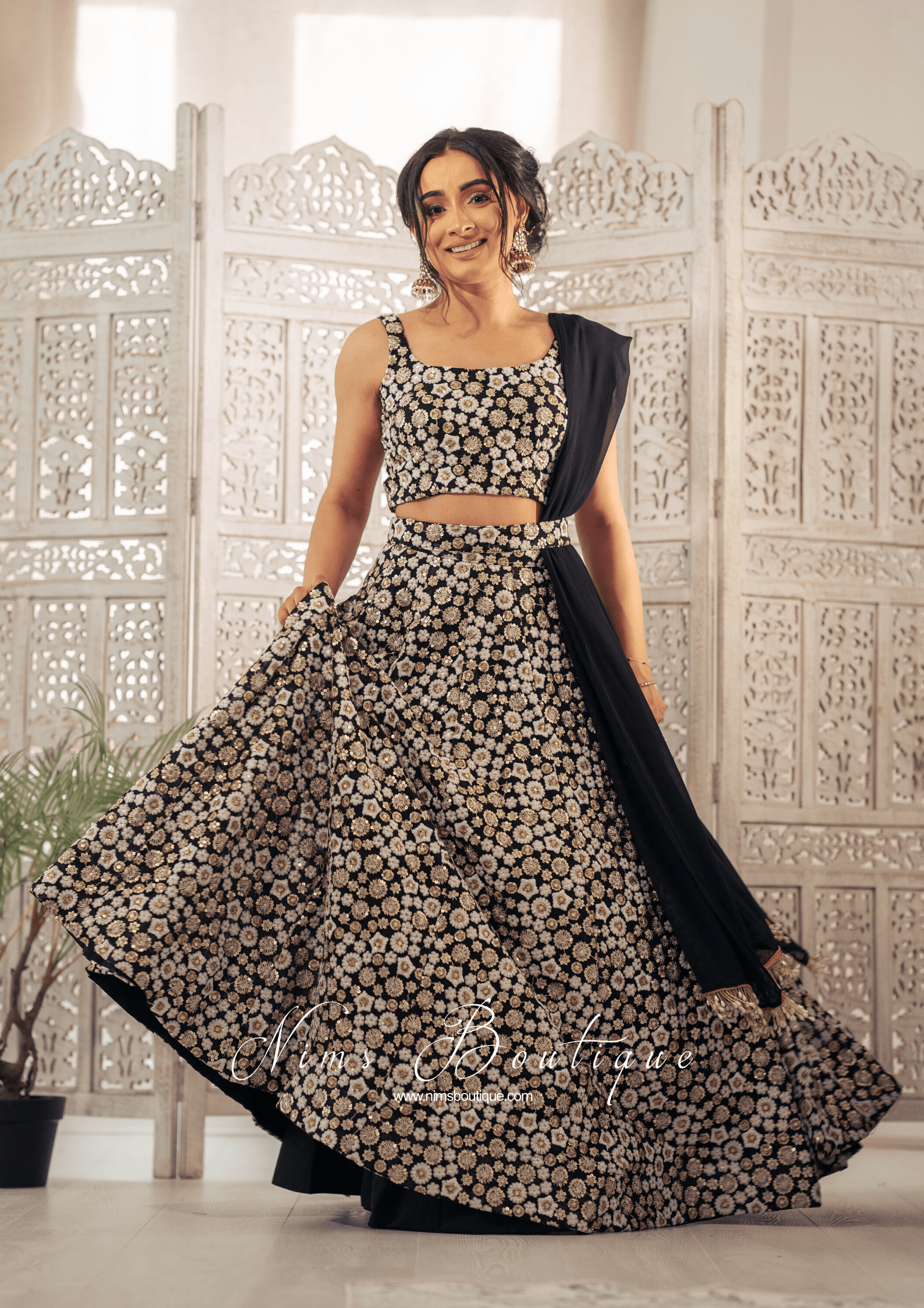 Nims Boutique Luxury Black & Ivory Sequin Bow Lehnga 6-14