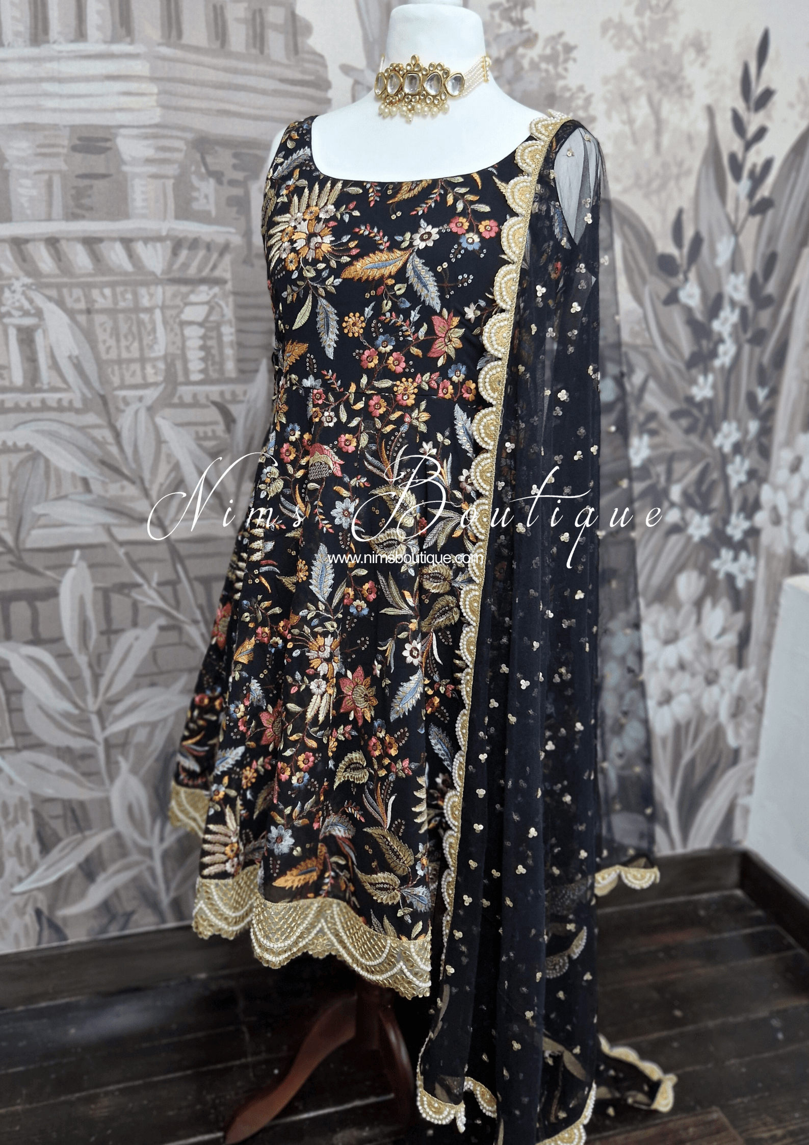 Sarika Luxury Black & Multicolour Anarkali Suit with Pajami (size 18-2 –  Nims Boutique