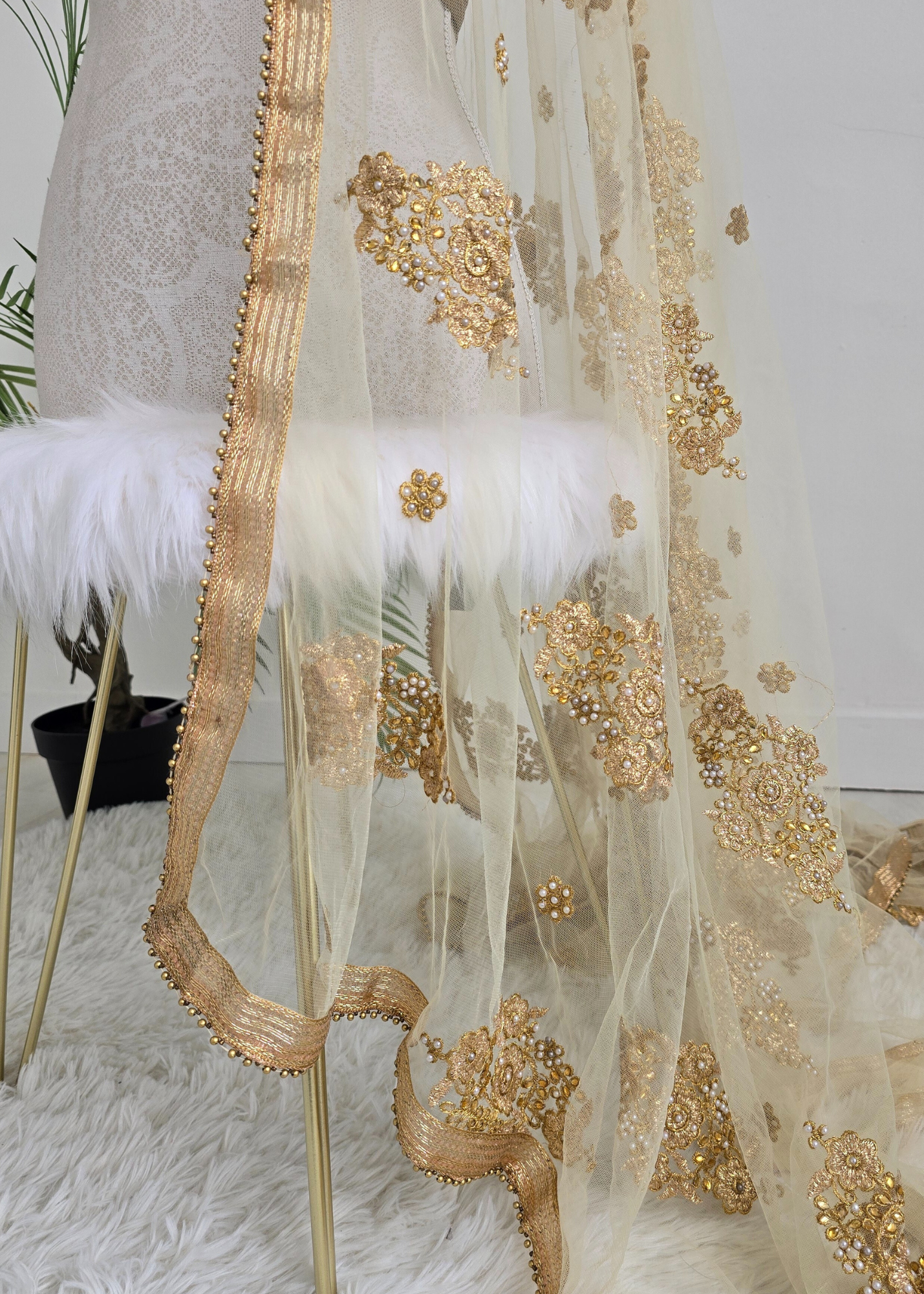 Gold Net Pearl Embellished Dupatta/Chunni