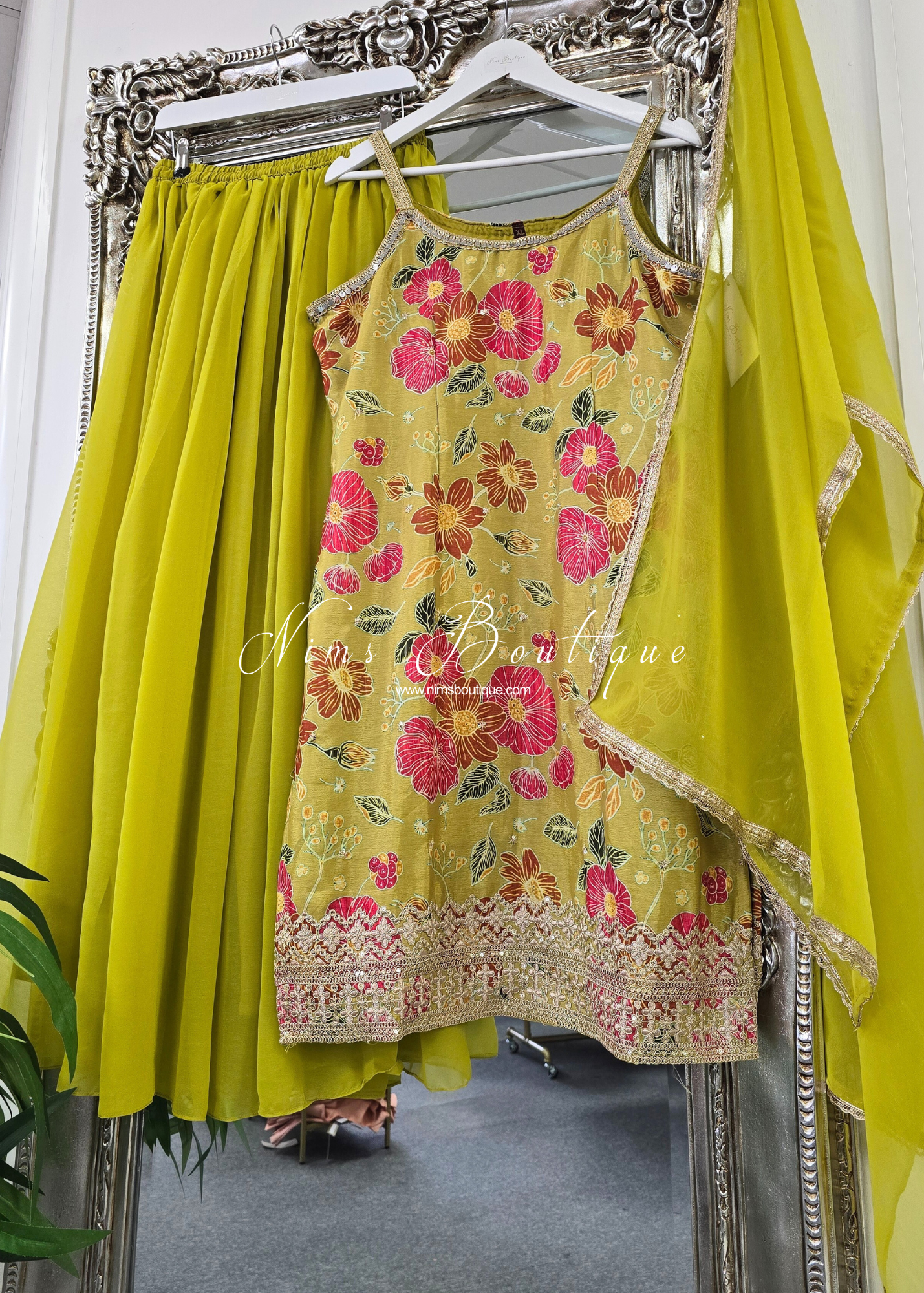 Lime Floral Strap Embroidered Sharara Suit (size 16-18)
