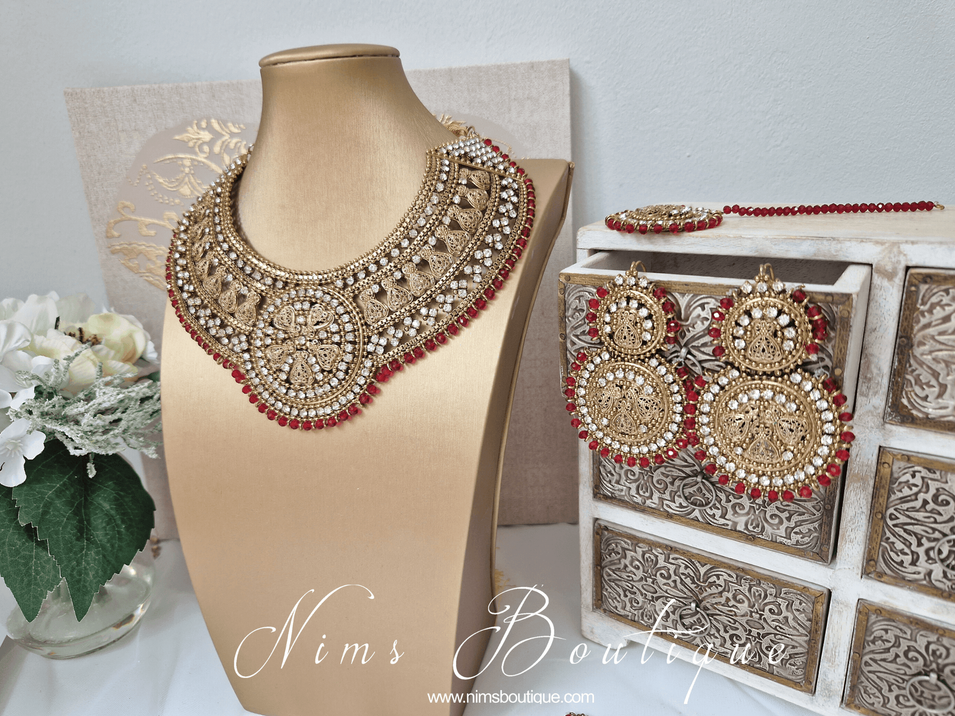 Nims Boutique Madhubala Antique Gold & Red Bridal Set