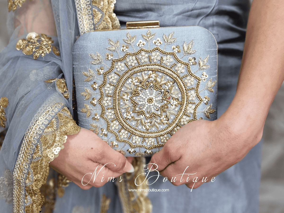 Large Grey Raw Silk Clutch Bag with Pearl Gold embellishment