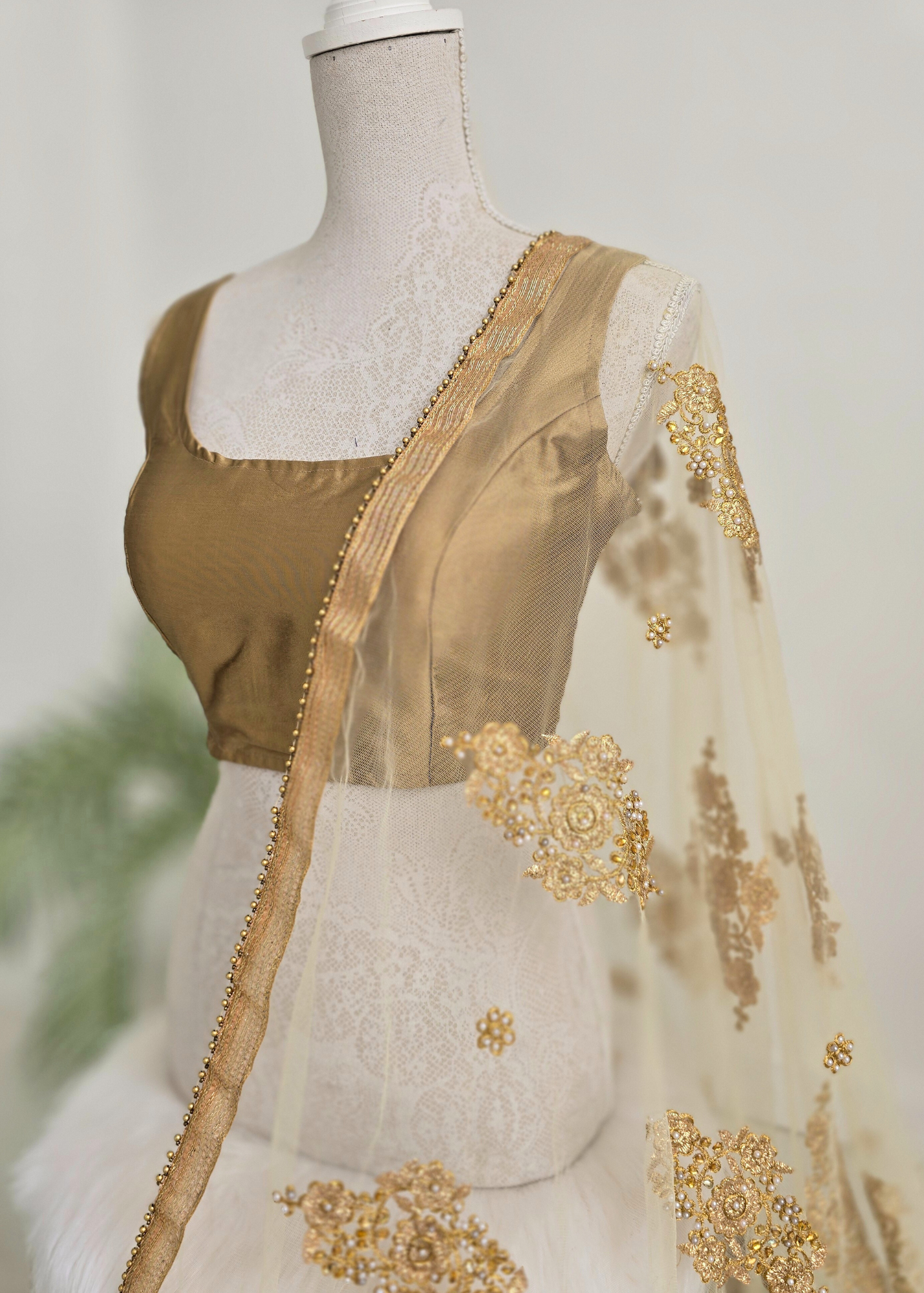 Gold Net Pearl Embellished Dupatta/Chunni
