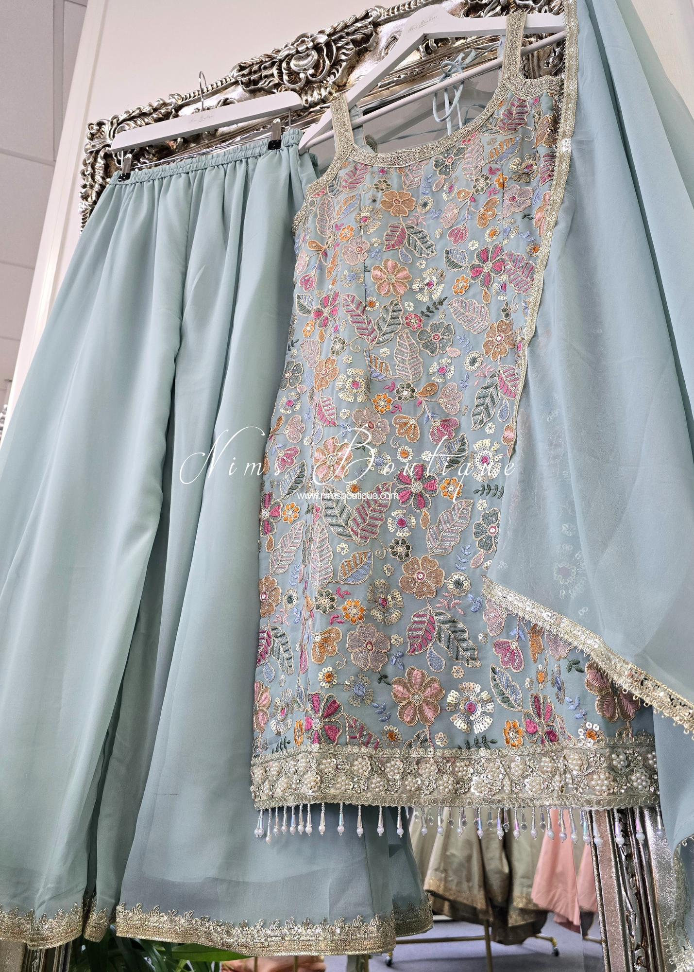 Duck Egg & Pastels Strap Embroidered Sharara Suit (size 12-14)
