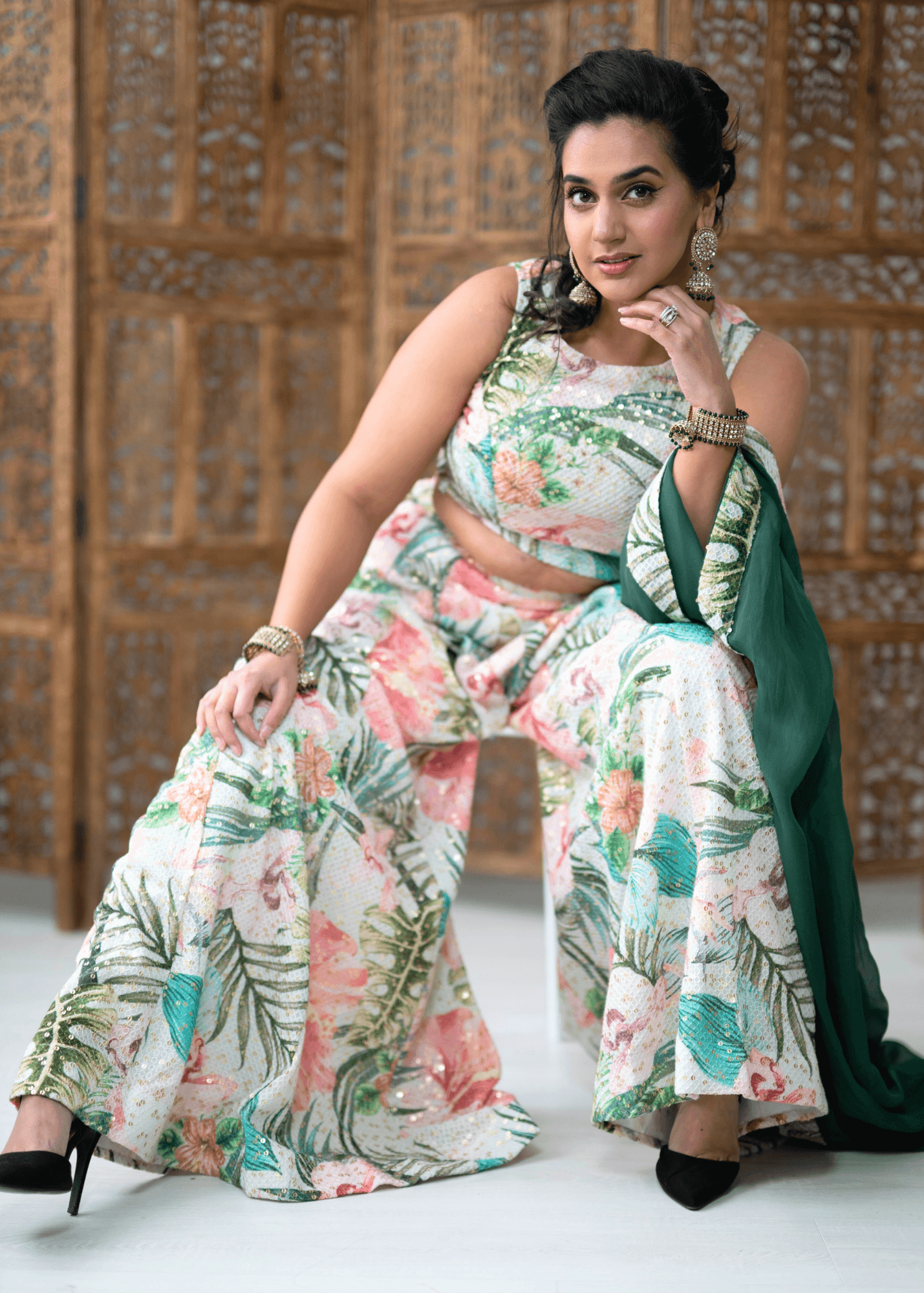 Nims Boutique Isabella Ivory & Green Floral readymade trousers