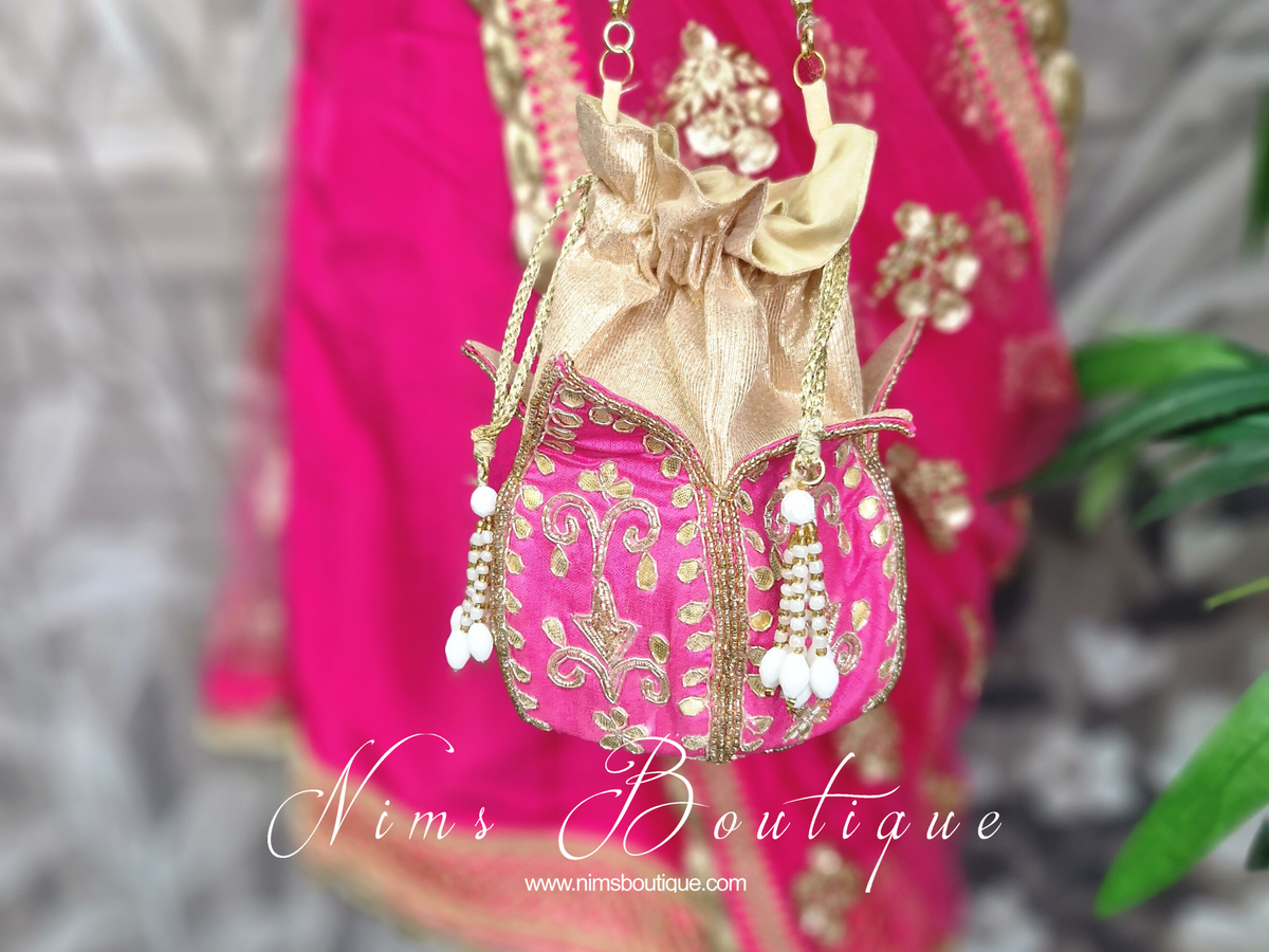 Pink zirconia diamonds studded potli bag, Pink embroidered evening bag, hot Pink evening purse, Pink Indian Embroidered Bag,Pink drawstring purs