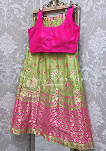 Lime Green & Hot Pink Brocade Semi stitched skirt/lehnga