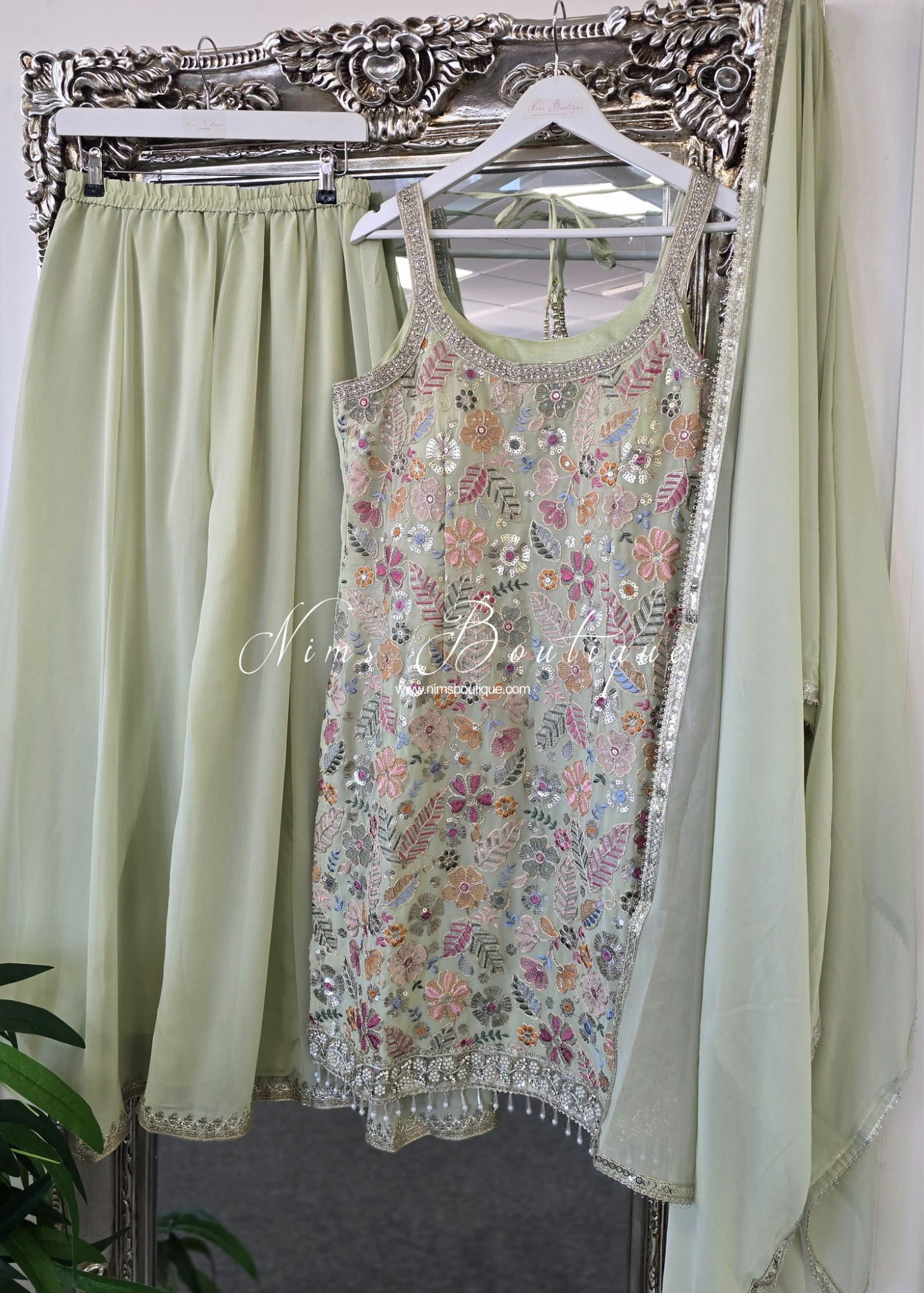 Mint & Pastels Strap Embroidered Sharara Suit (size 12-14)