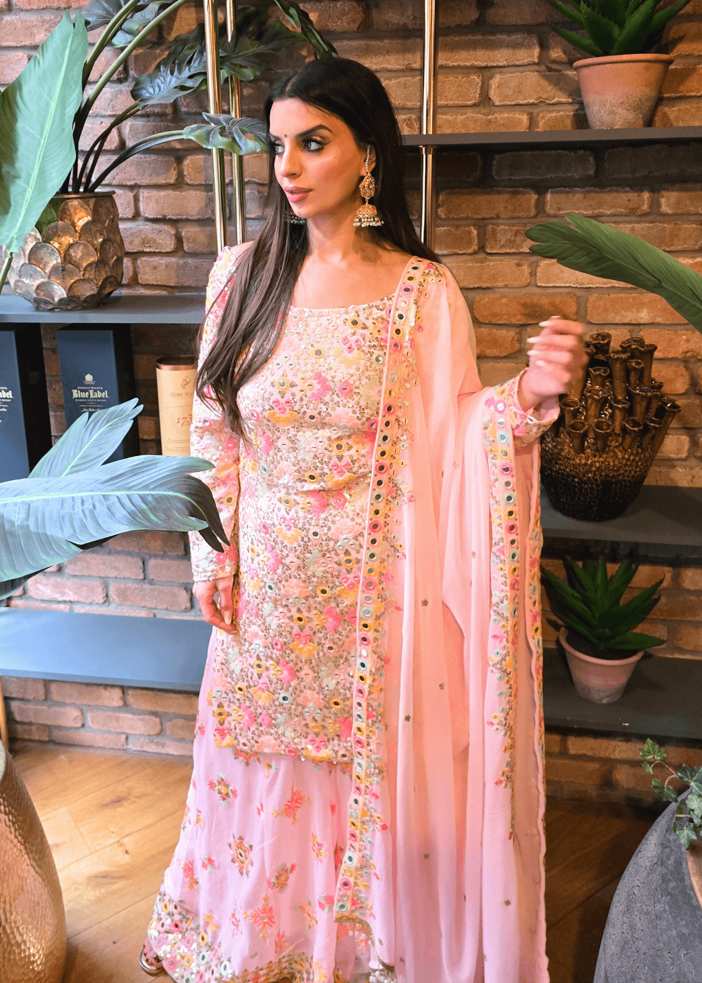 long sleeve sharara dress Cienna Luxury Bright Pink Sharara Suit