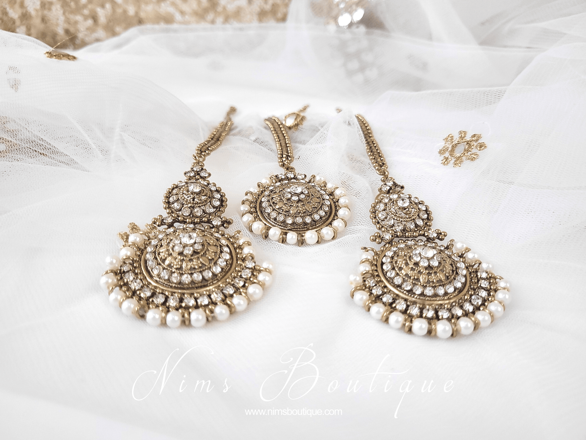 Nims Boutique Royal Pearl Tikka Set with earring chains