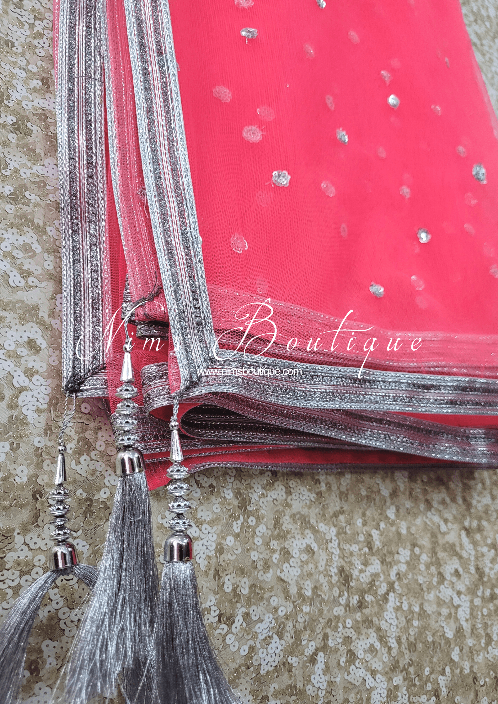 Nims Boutique Coral Pink & Silver Sequin Net Sequin Dupatta/Chunni