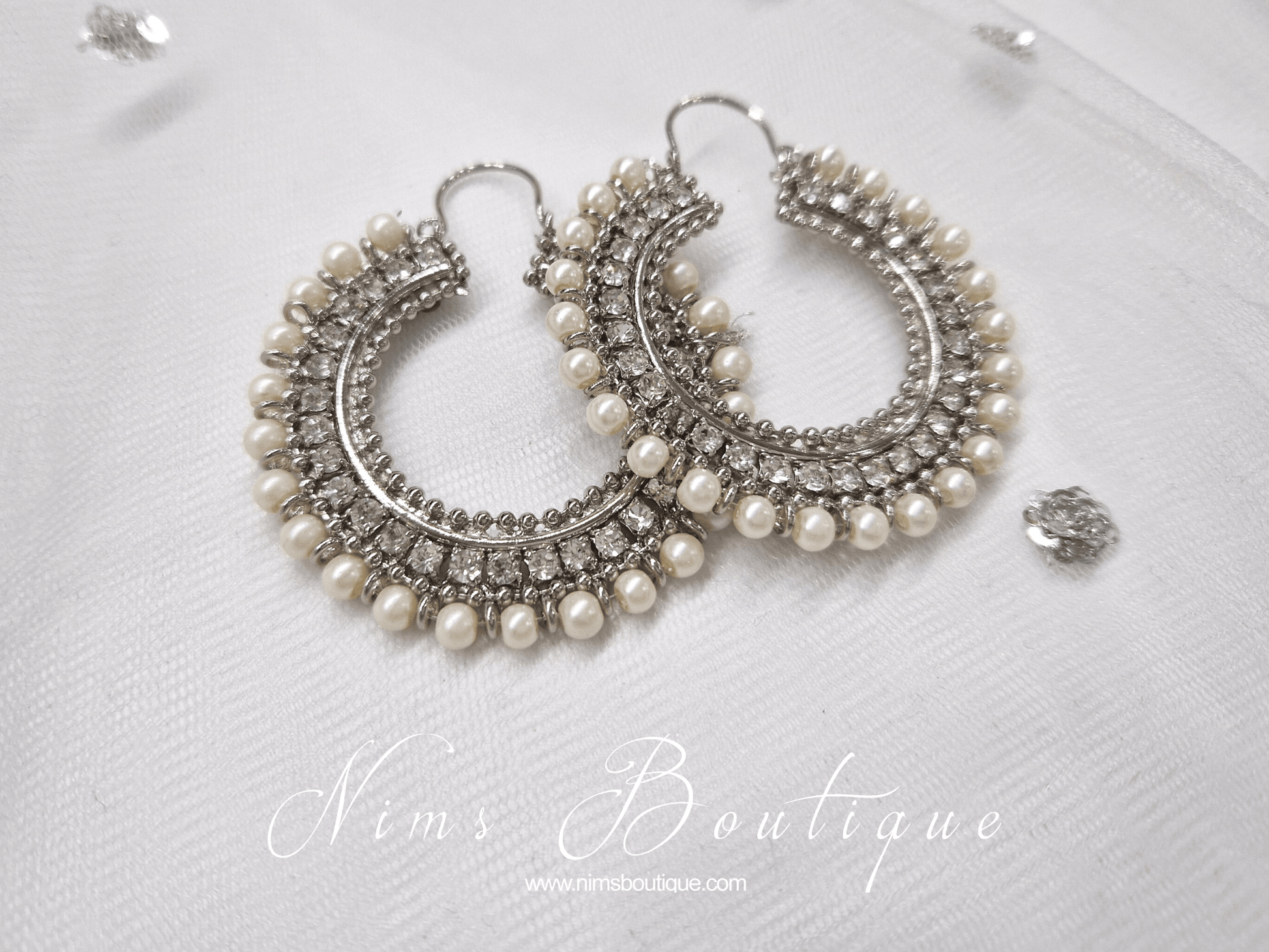 Nims Boutique Royal Silver Chand Bali Earrings with Pearl
