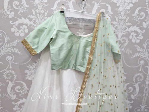 Mint Pure Silk Scoop Neck Blouse with sleeves, gold edging (size 4-20)