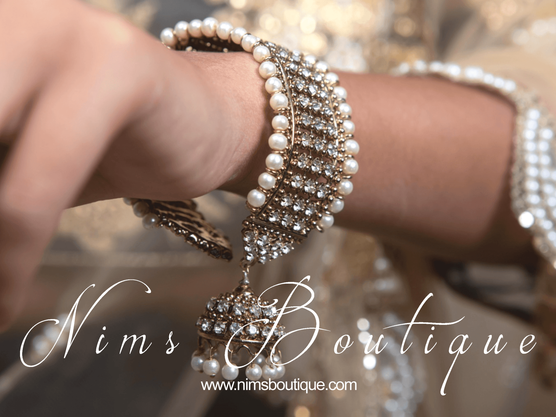 Nims Boutique Pearl & Gold Royal Bracelet with hanging chumka