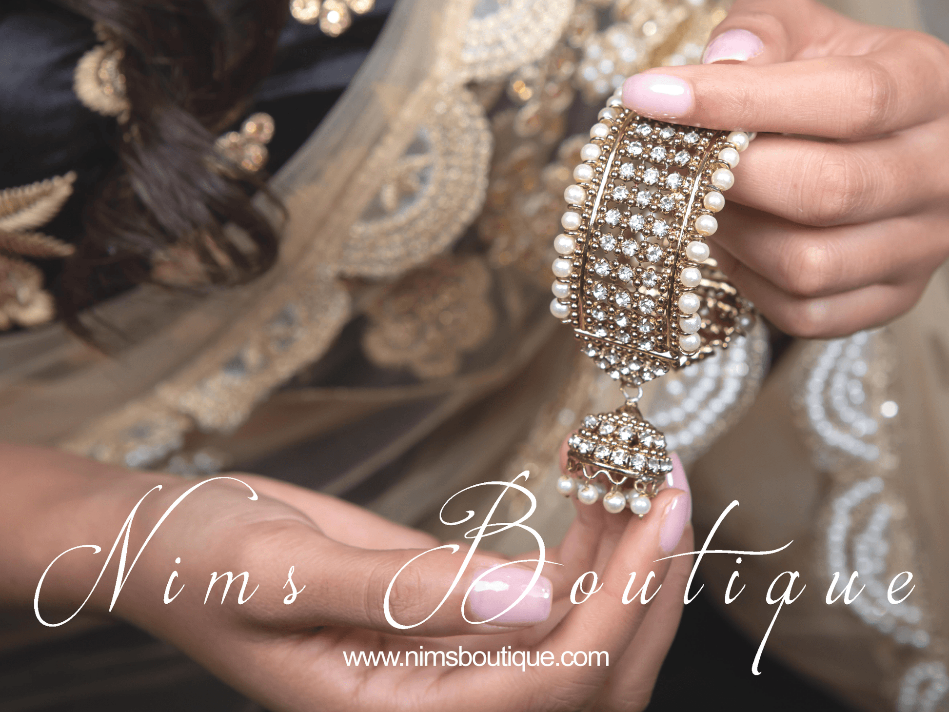 Nims Boutique Pearl & Gold Royal Bracelet with hanging chumka