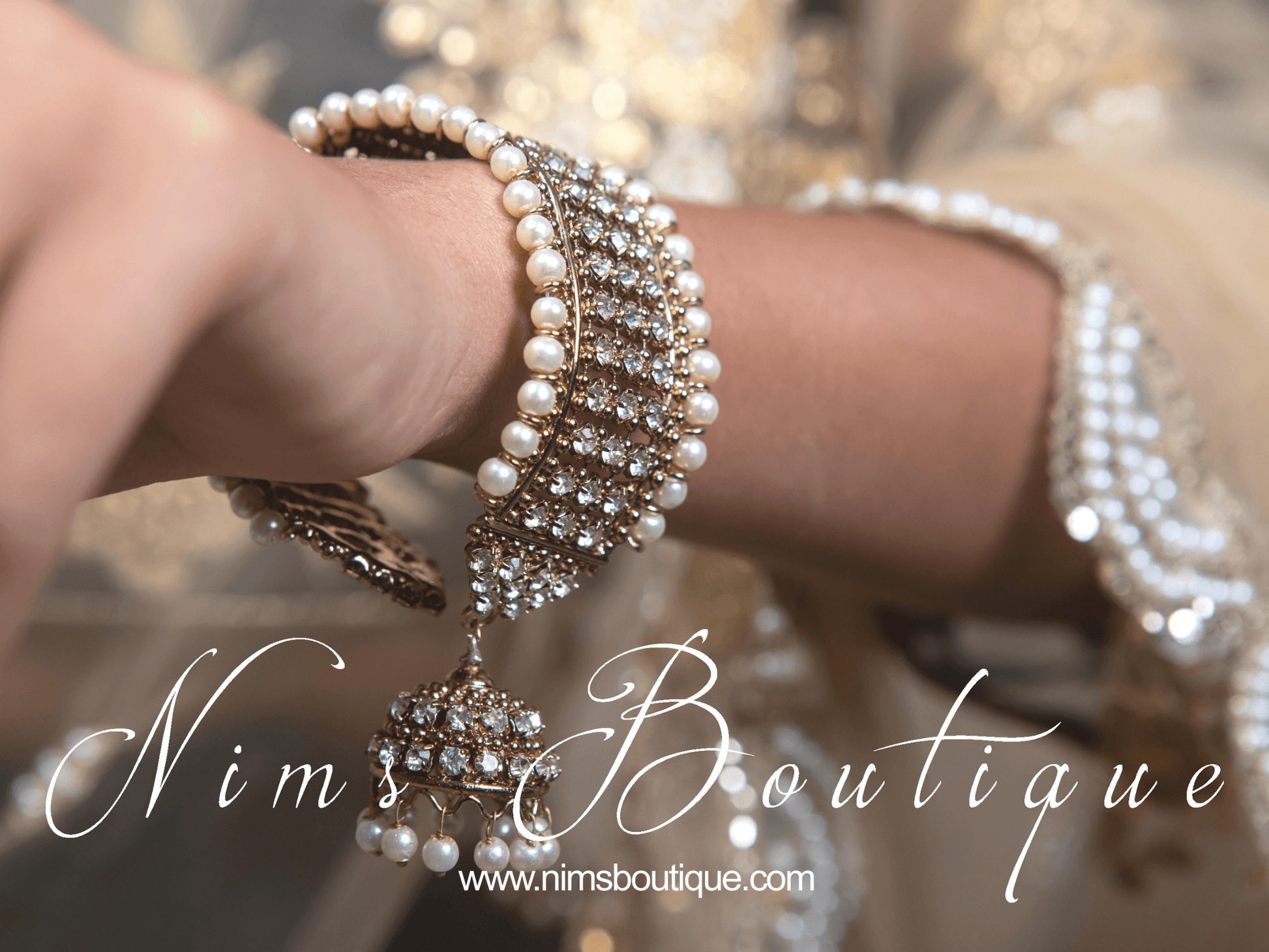 Nims Boutique Pearl & Gold Royal Bracelet with hanging chumka