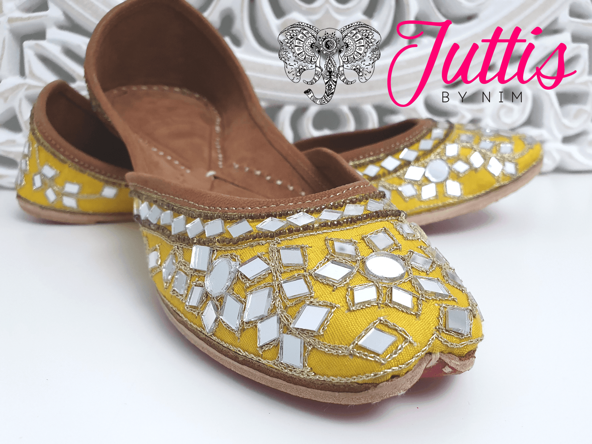Nims Boutique Luxury Yellow Mirror Leather Punjabi Juttis
