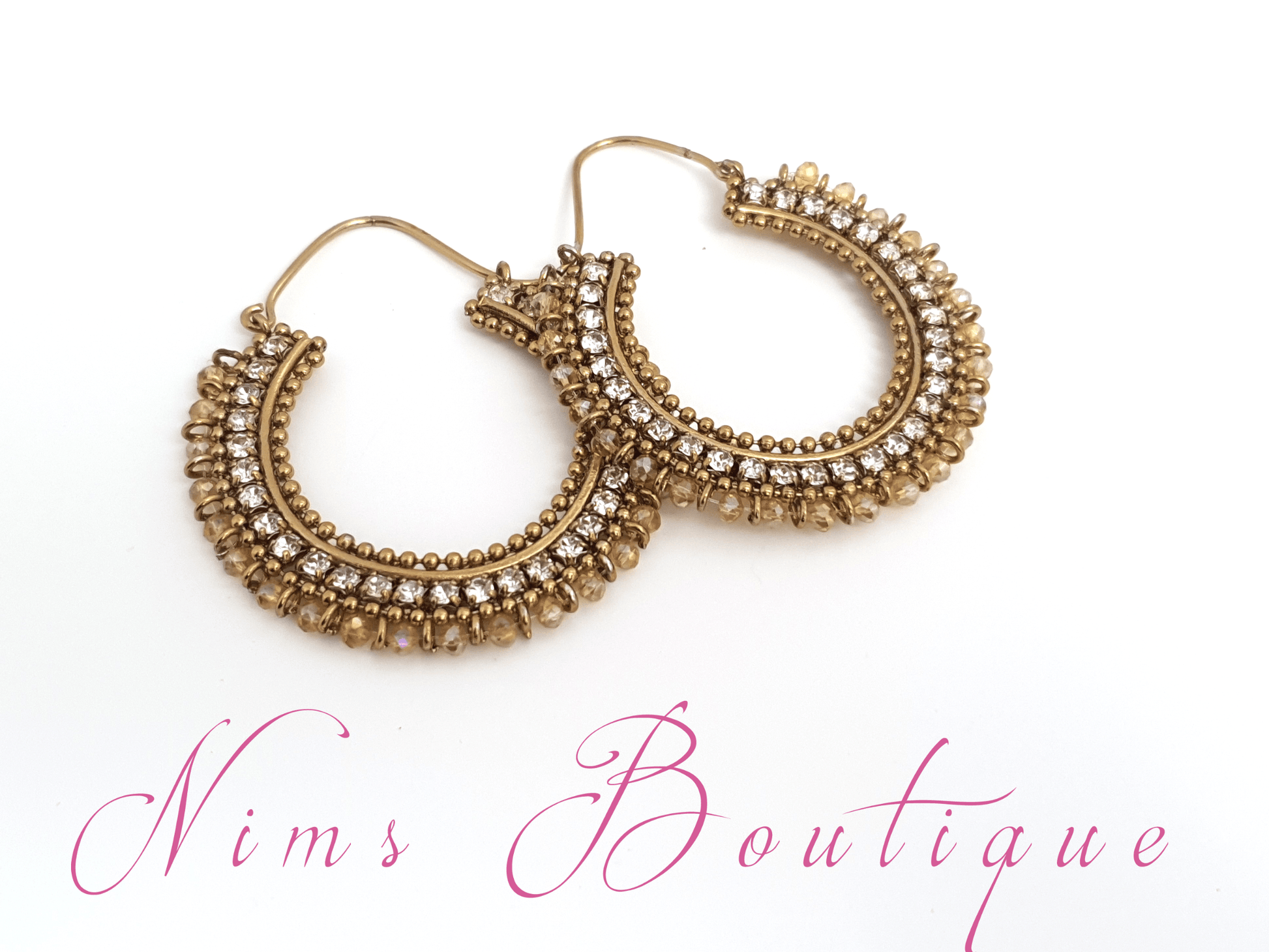 Nims Boutique Royal Gold Bali Earrings with Clear Stone