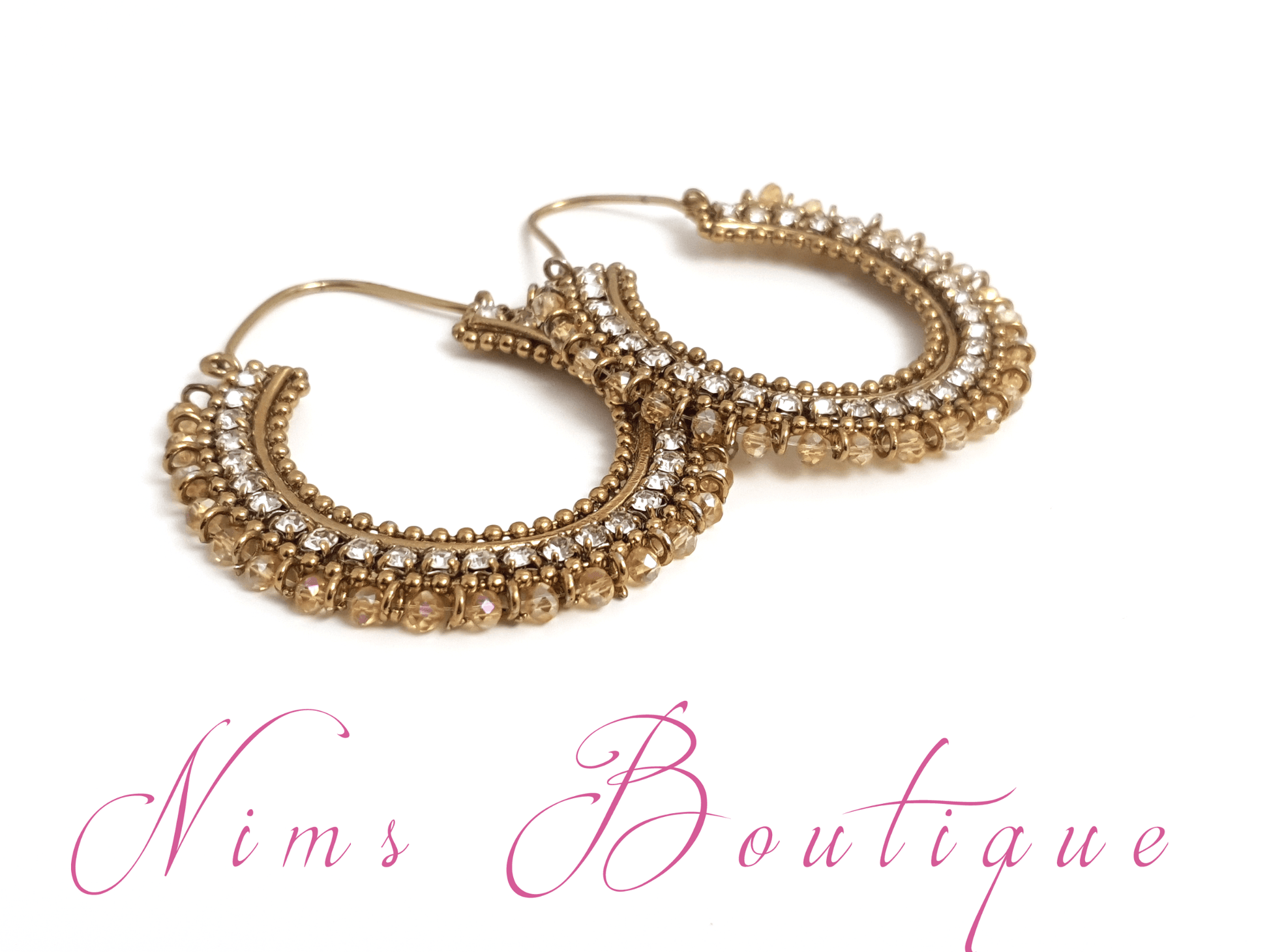 Nims Boutique Royal Gold Bali Earrings with Clear Stone