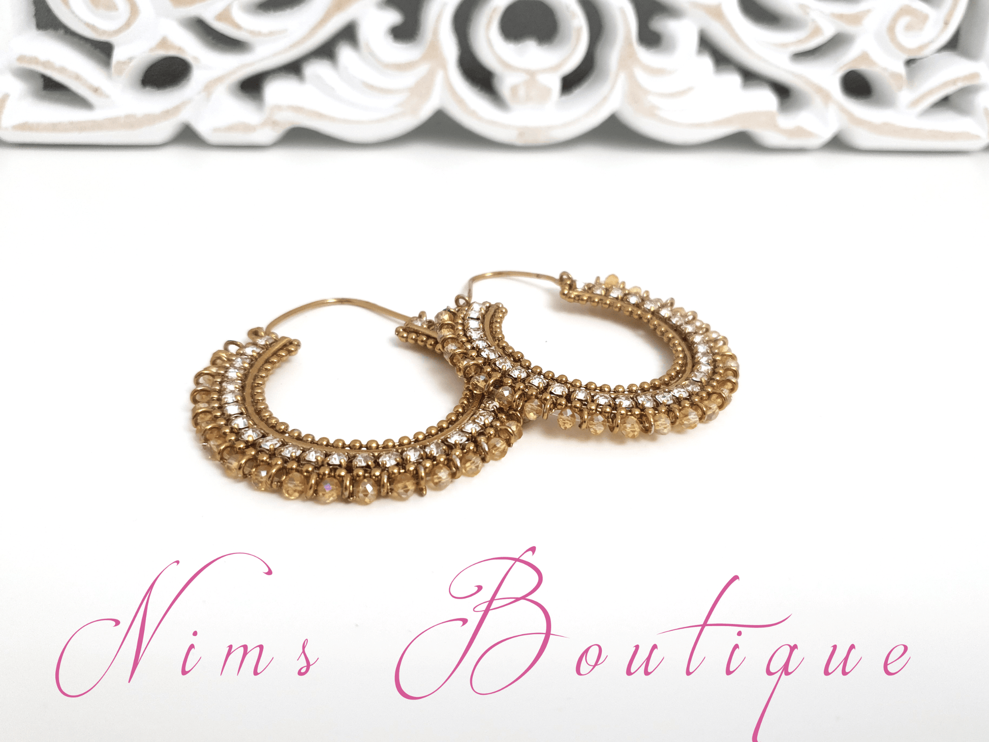 Nims Boutique Royal Gold Bali Earrings with Clear Stone