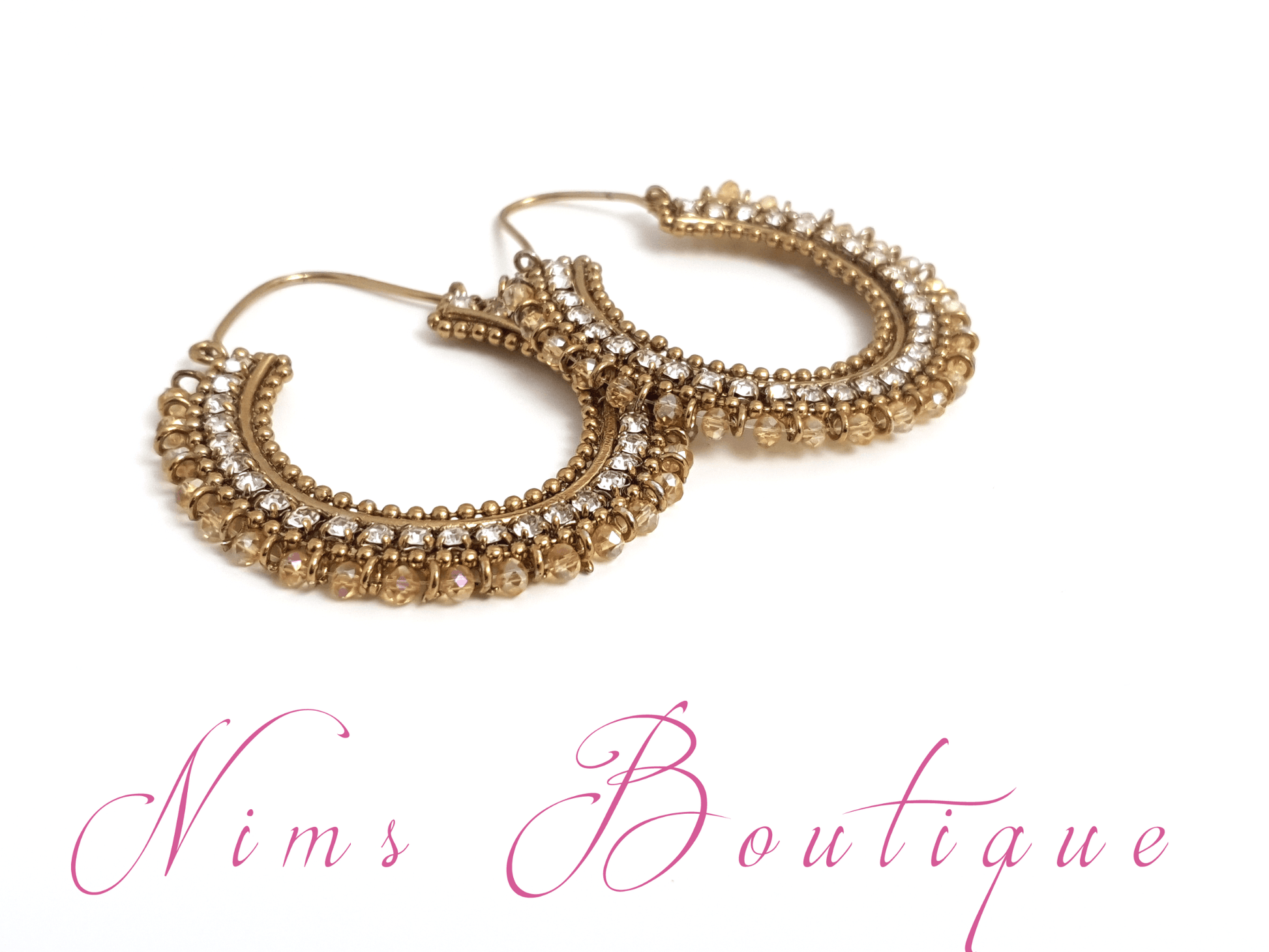 Nims Boutique Royal Gold Bali Earrings with Clear Stone