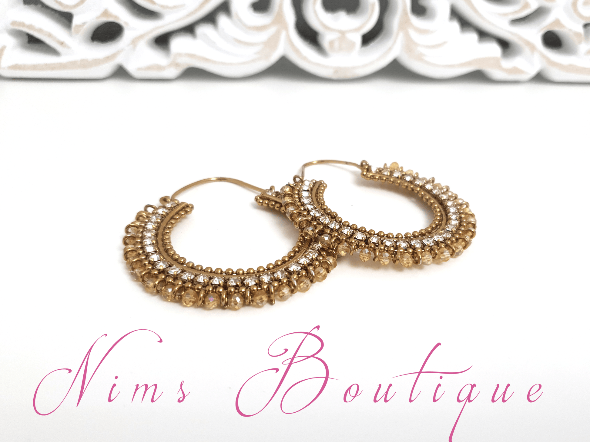 Nims Boutique Royal Gold Bali Earrings with Clear Stone
