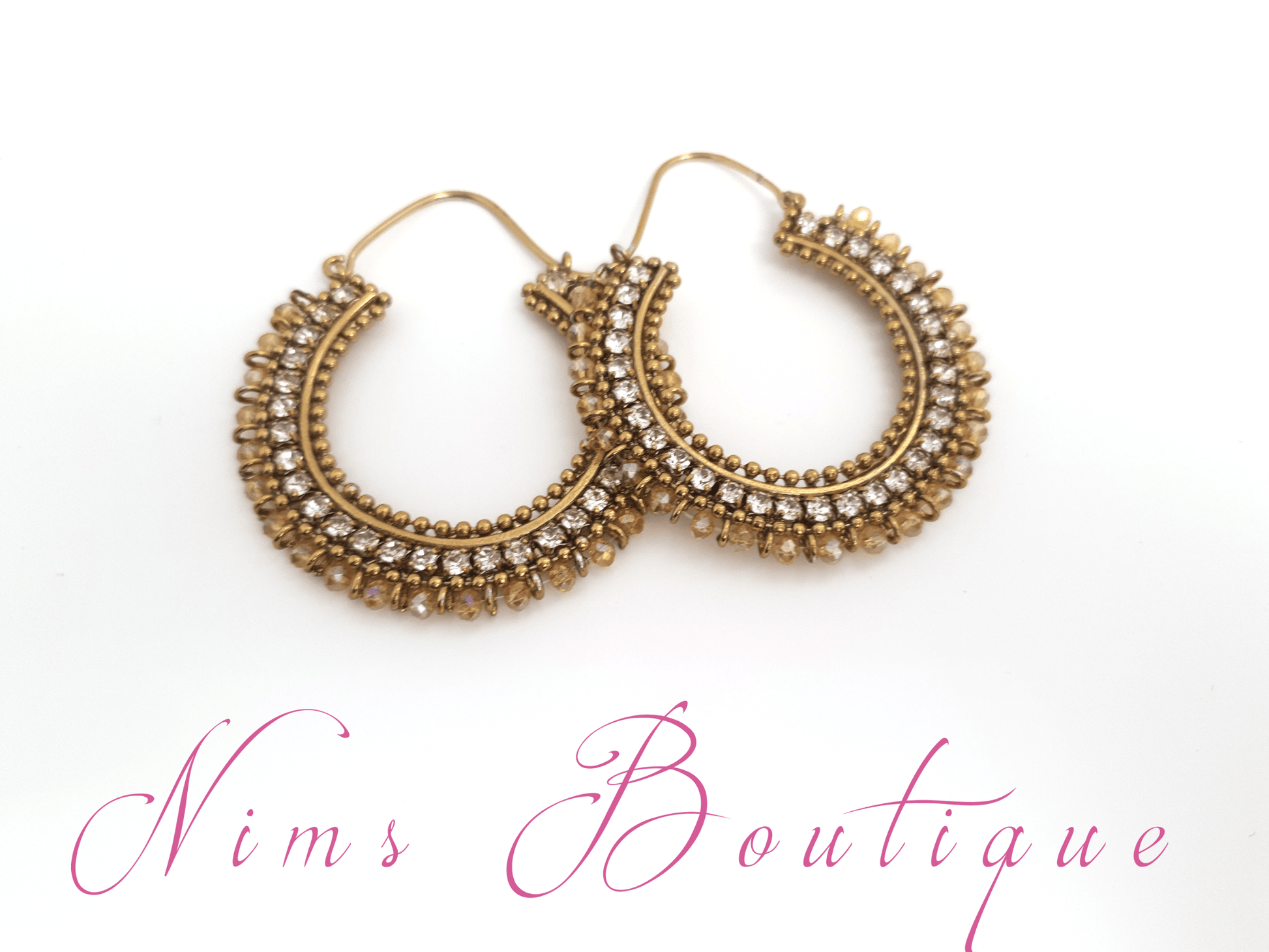 Nims Boutique Royal Gold Bali Earrings with Clear Stone