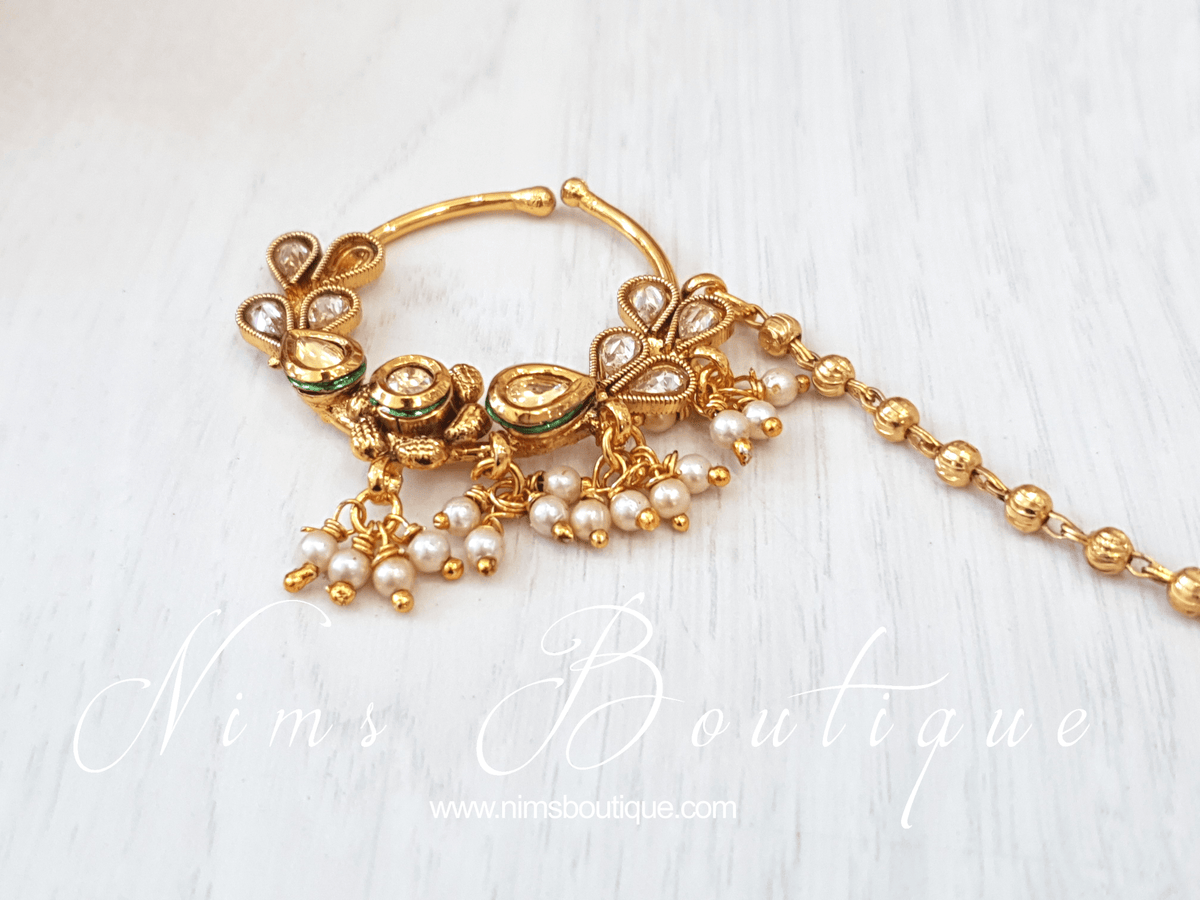 Gold Stone Nose Ring with chain