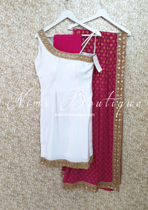 One Shoulder Silk White & Hot Pink Pajami Suit (size 6-8)