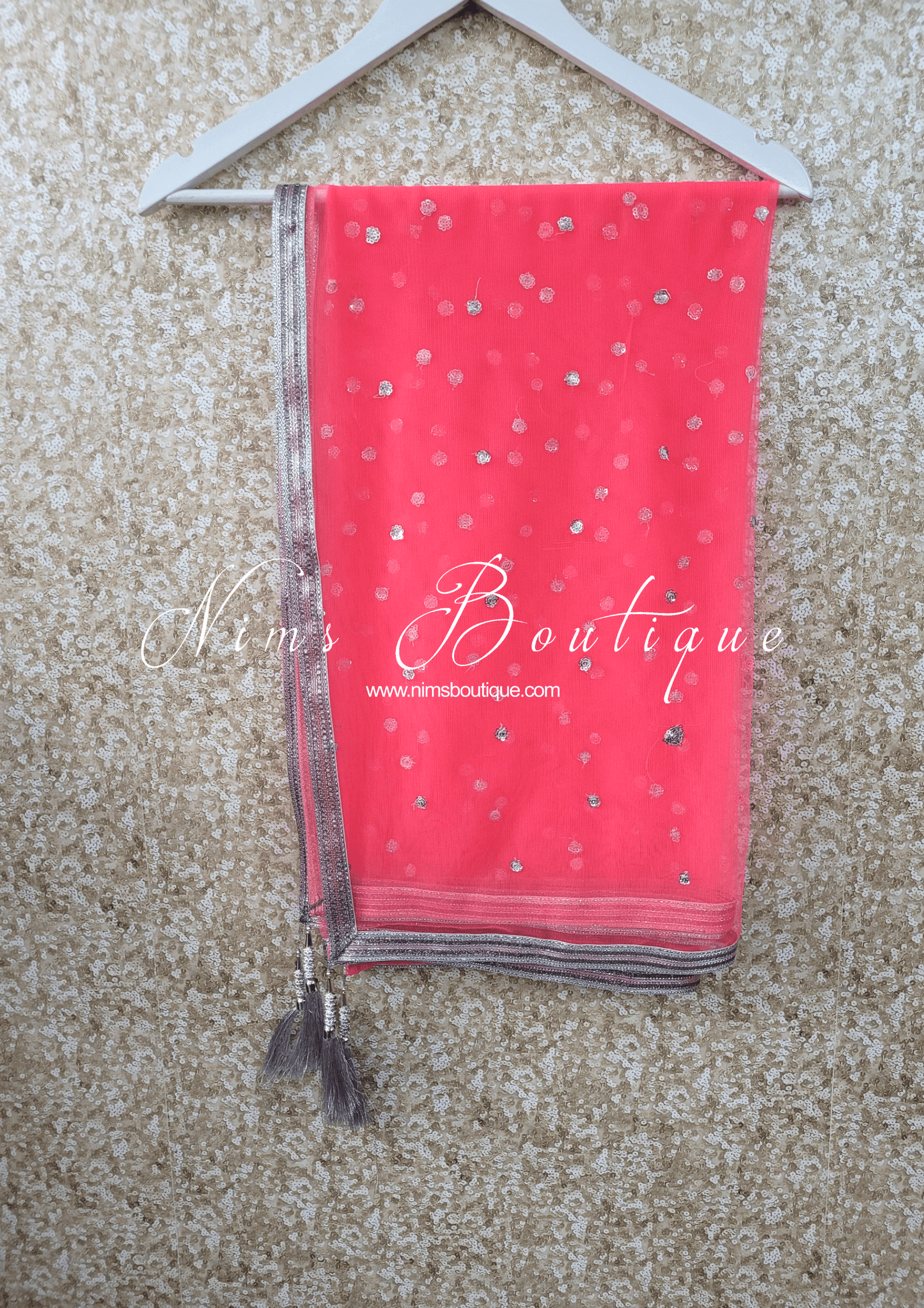 Nims Boutique Coral Pink & Silver Sequin Net Sequin Dupatta/Chunni