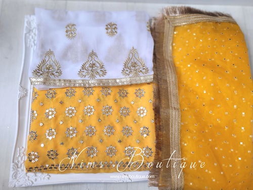Luxury Unstitched White & Yellow Sharara Suit
