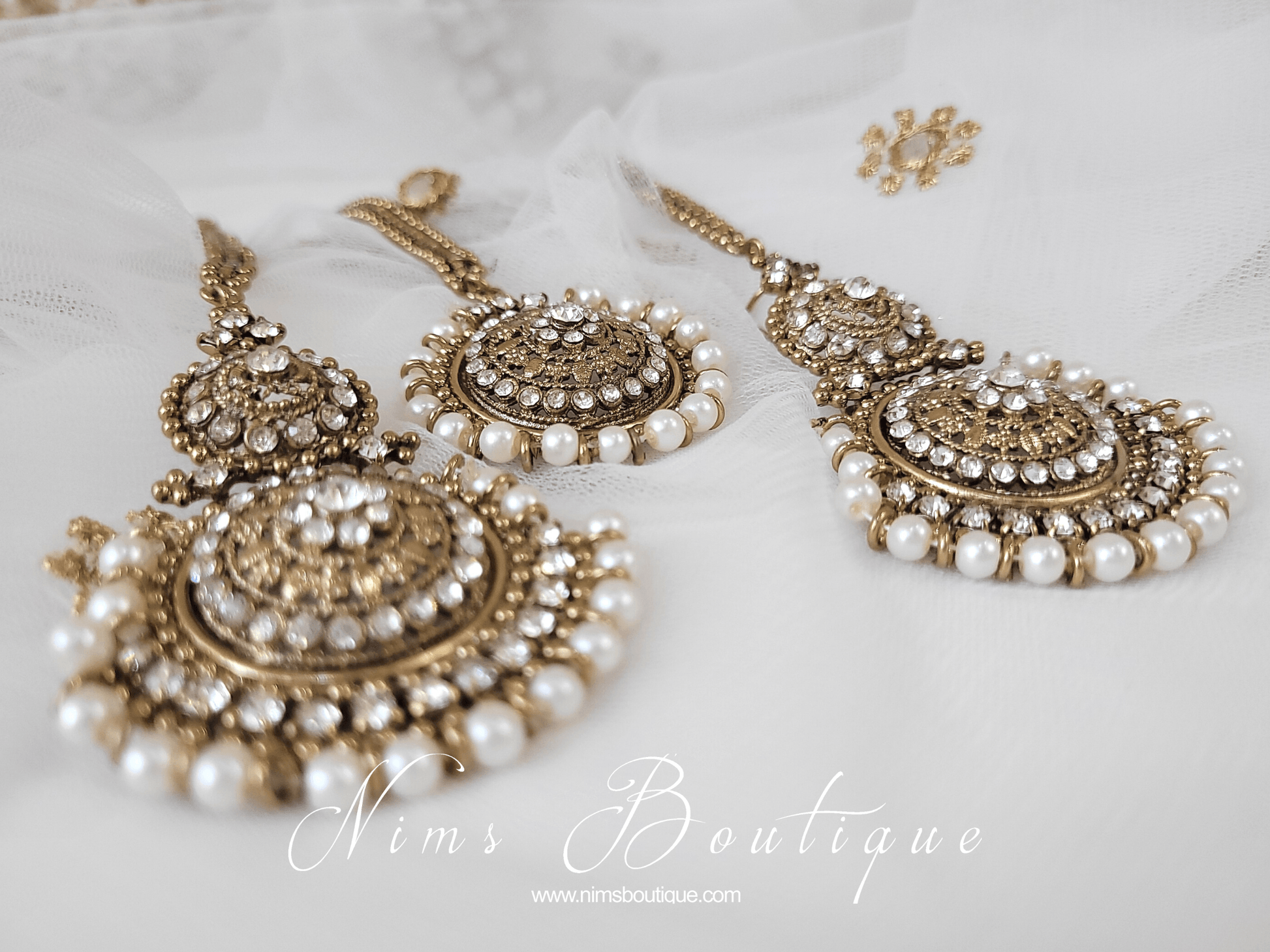 Nims Boutique Royal Pearl Tikka Set with earring chains