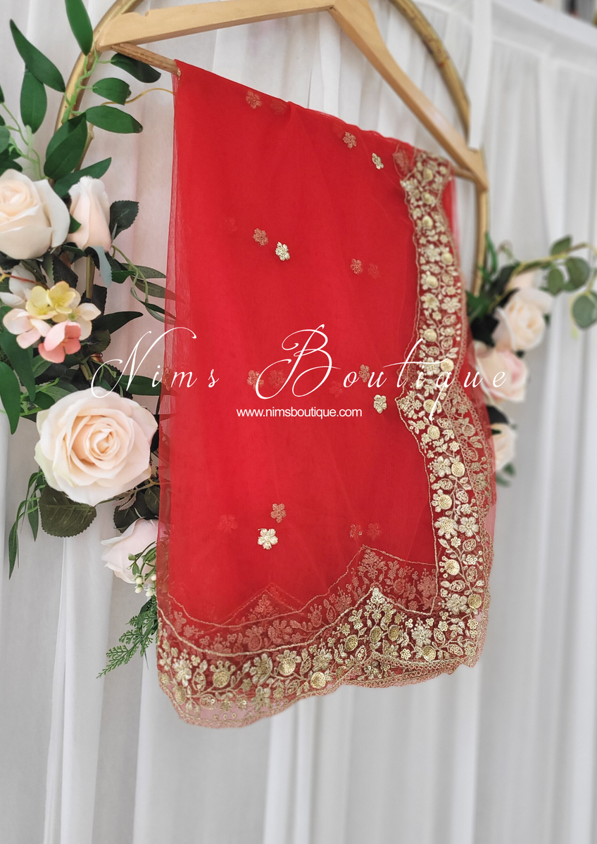 V12 Red Net Dupatta With Fancy Embroidered Edge – Solid Boutique