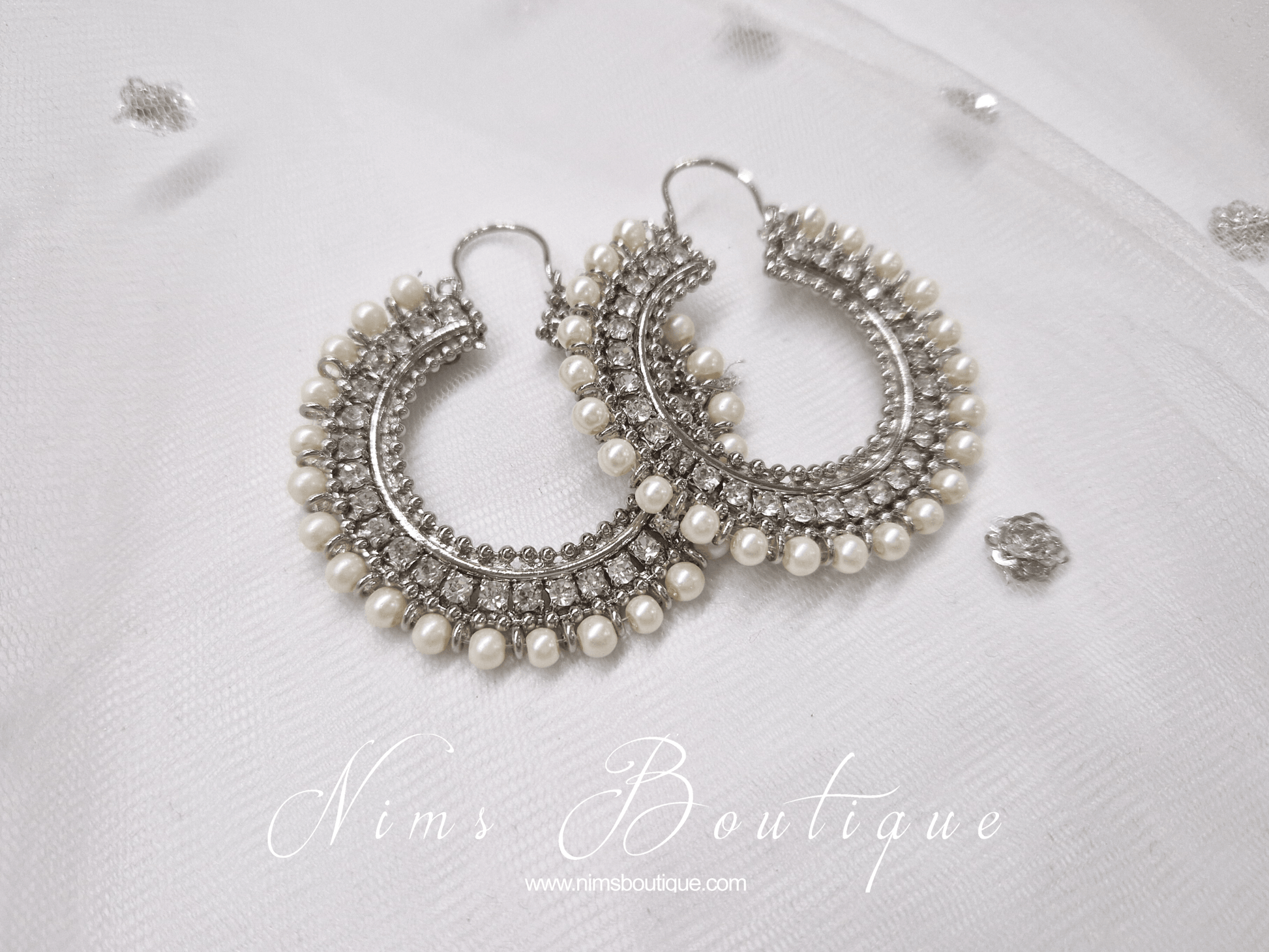 Nims Boutique Royal Silver Chand Bali Earrings with Pearl