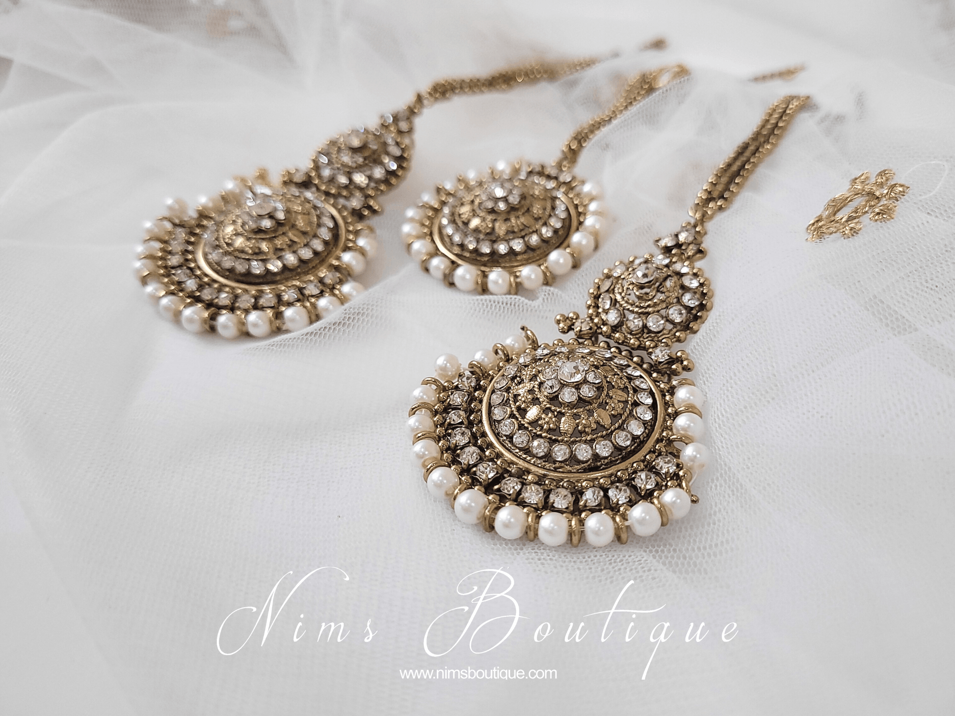Nims Boutique Royal Pearl Tikka Set with earring chains