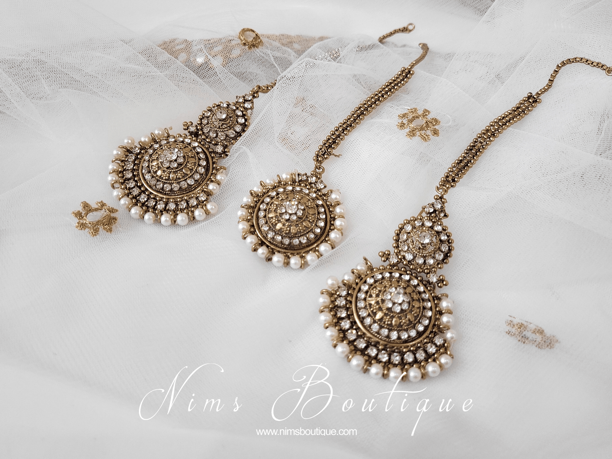 Nims Boutique Royal Pearl Tikka Set with earring chains