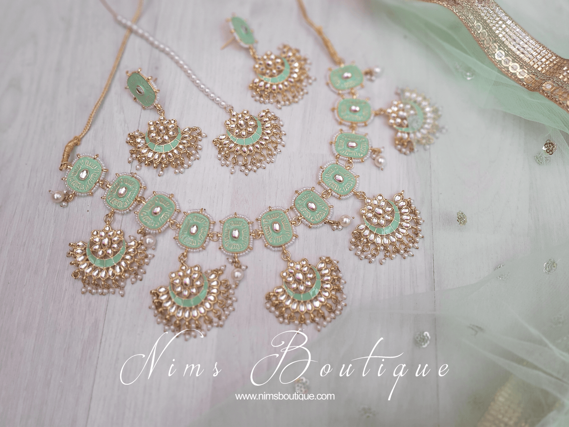 Nims Boutique Mishka Mint Green Blossom Meenakari Set