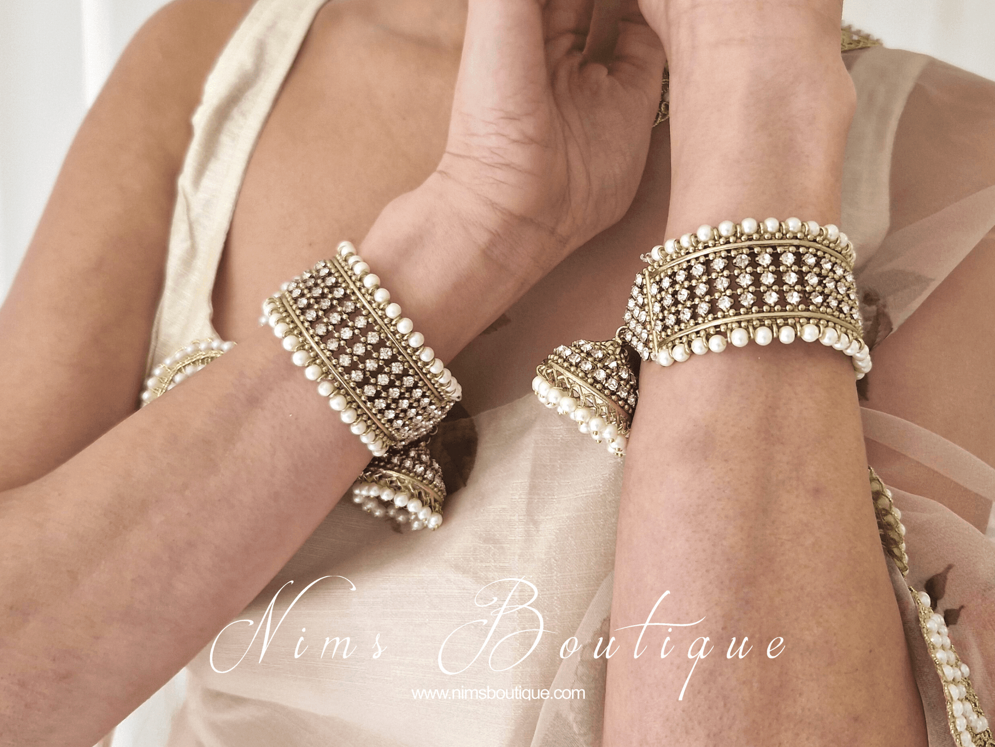 Nims Boutique Pearl & Gold Royal Bracelet with hanging chumka